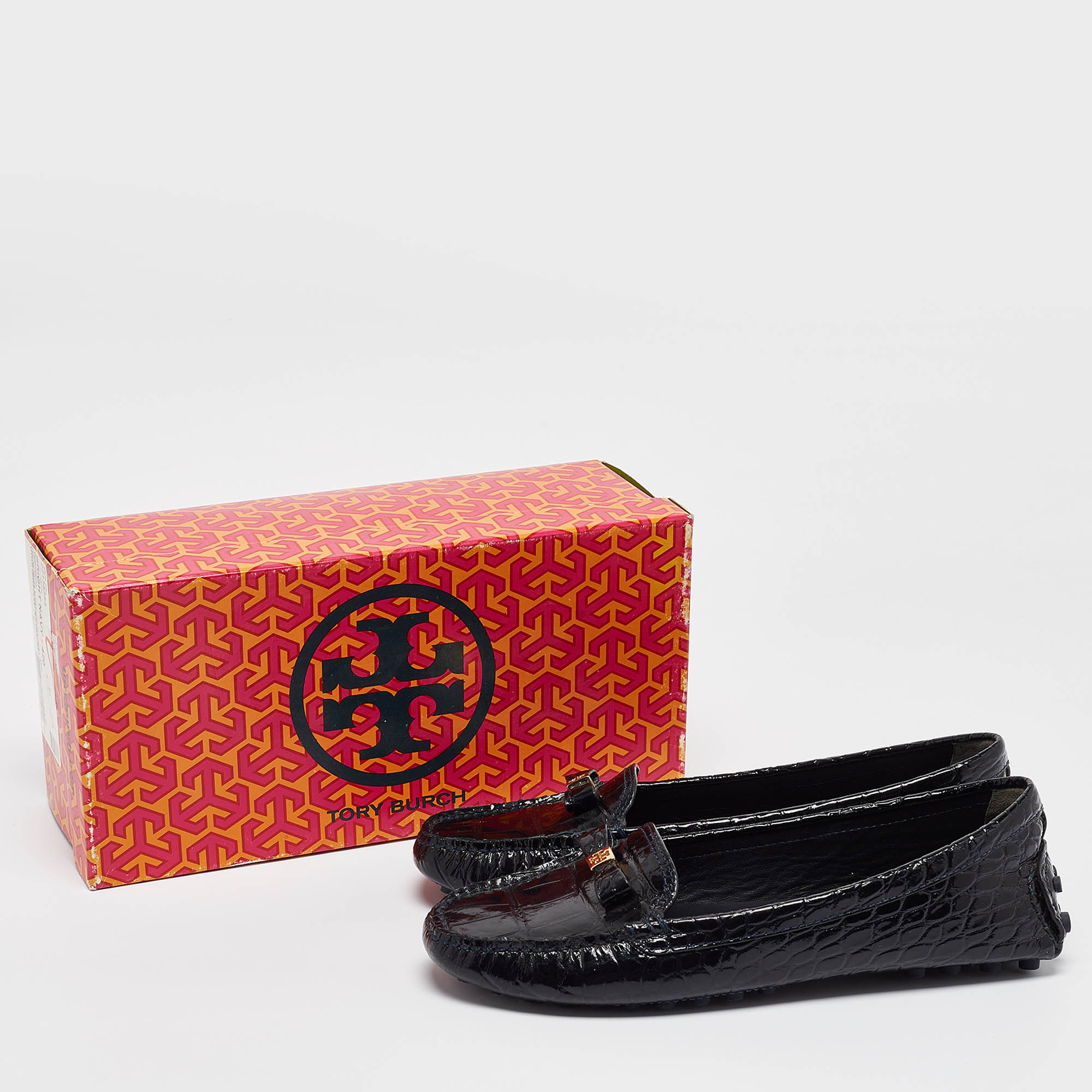 Tory Burch Navy Blue Croc Embossed Patent Leather Ludlow Loafers Size 39.5