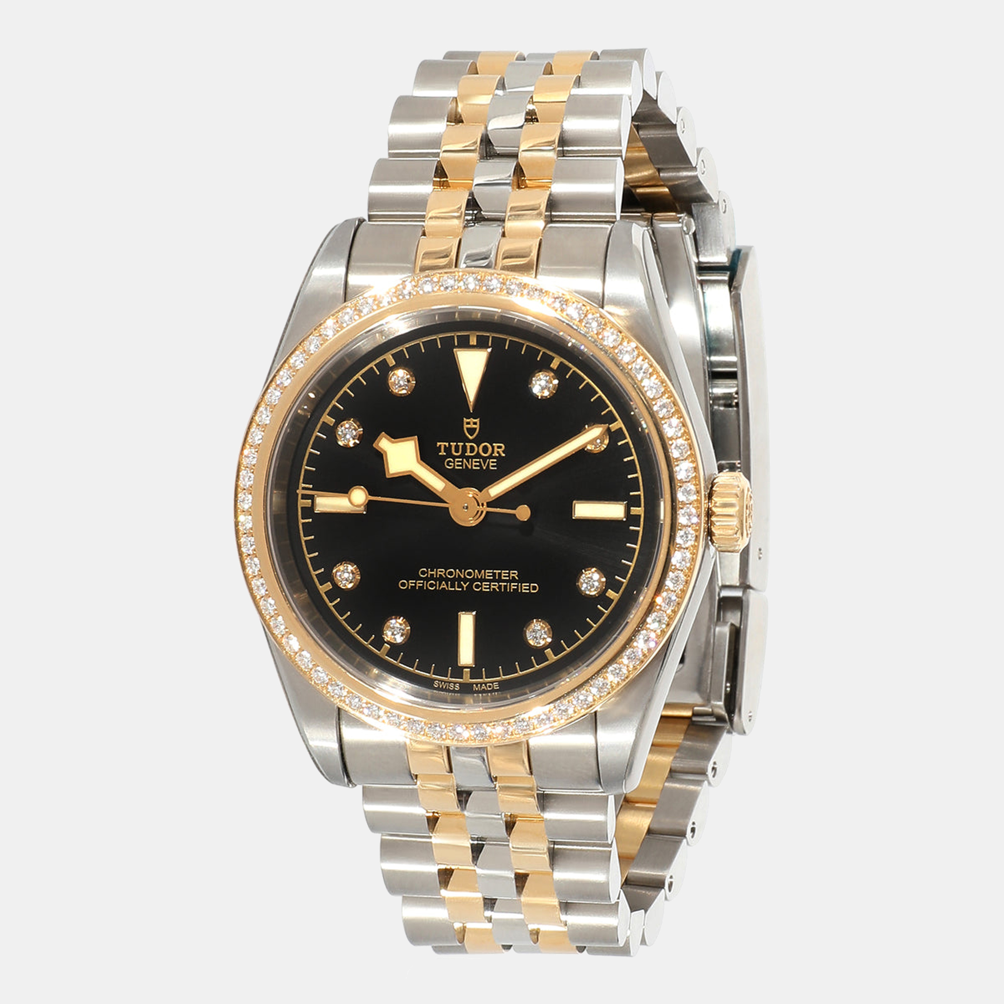 Tudor black diamonds 18k yellow gold and stainless steel black bay 79613 women's wristwatch 31 mm