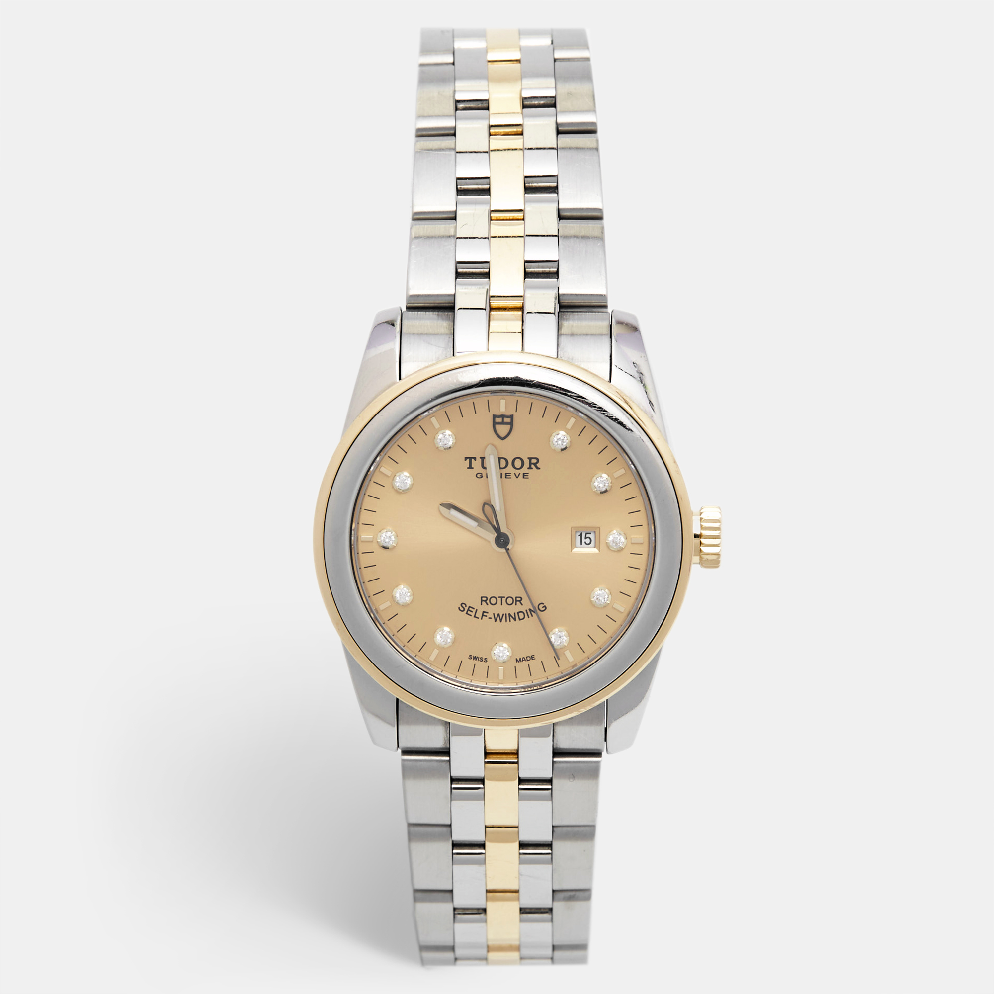 Tudor champagne diamond 18k yellow gold stainless steel glamour 53003-0006 women's wristwatch 31 mm