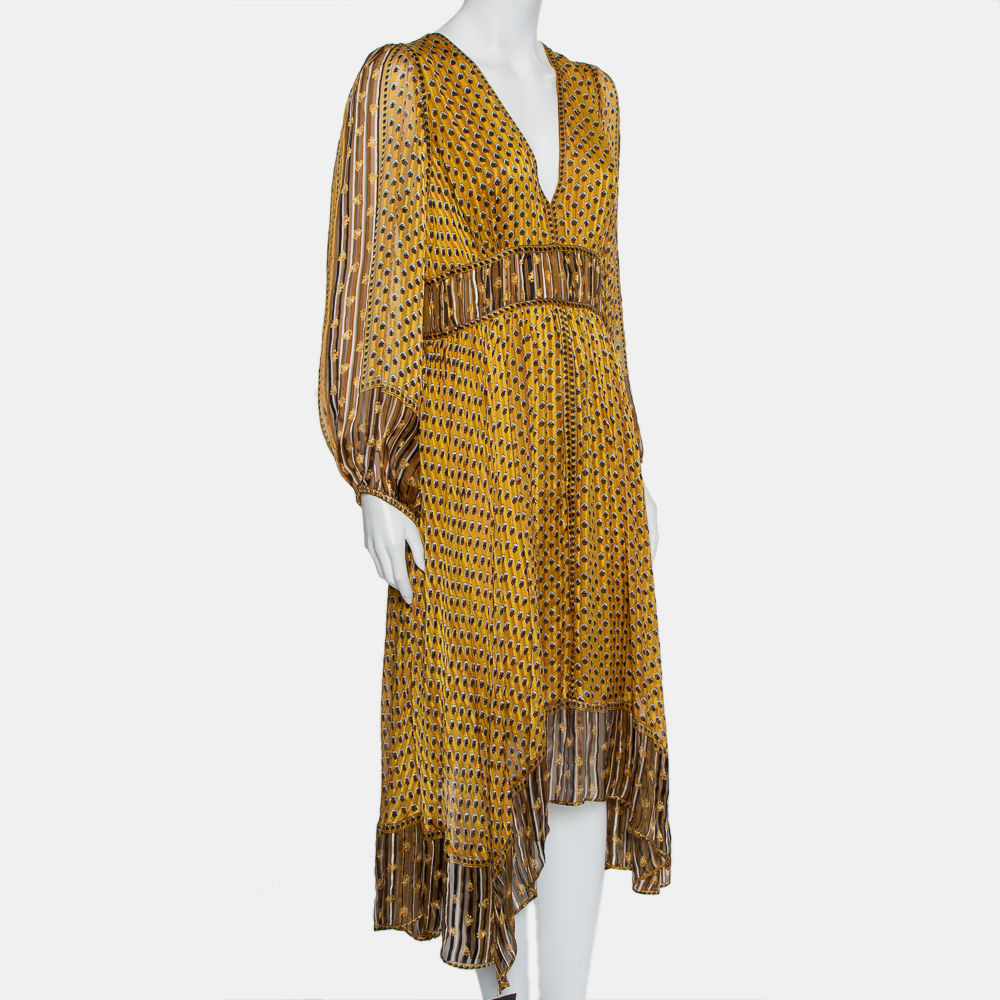 

Ulla Johnson Yellow Printed Silk Asymmetric Hem Amabelle Dress