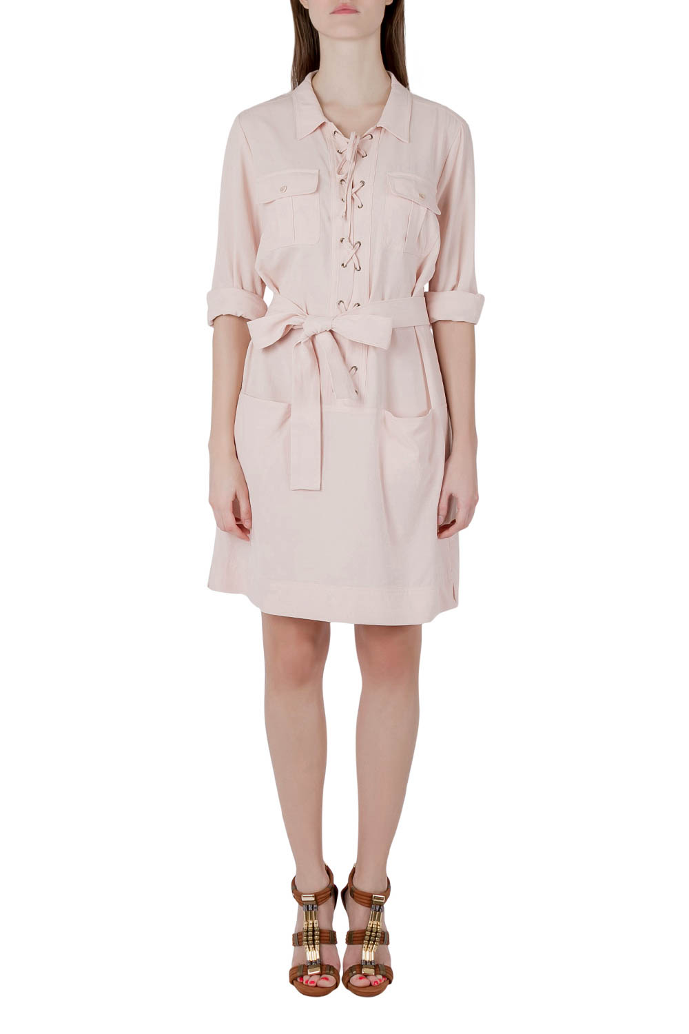 Image of See by Chloe Blush Pink Cotton Lace Up Long Sleeve Shirt Dress M