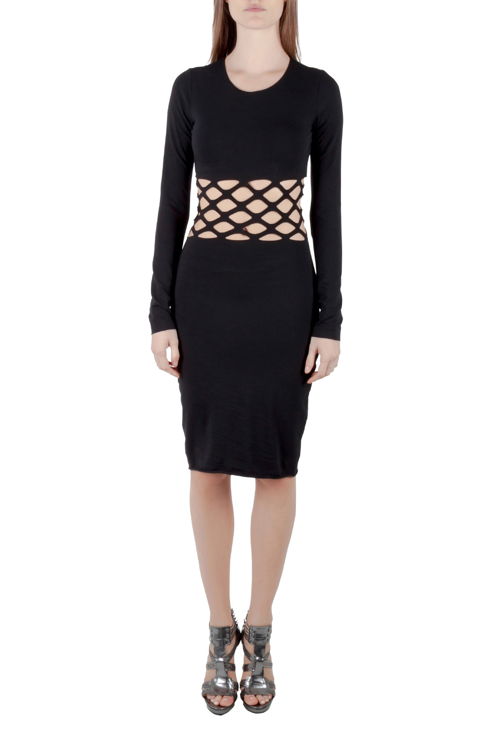 Image of Jean Paul Gaultier Soleil Black Cotton Jersey Distressed Waist Bodycon Dress S