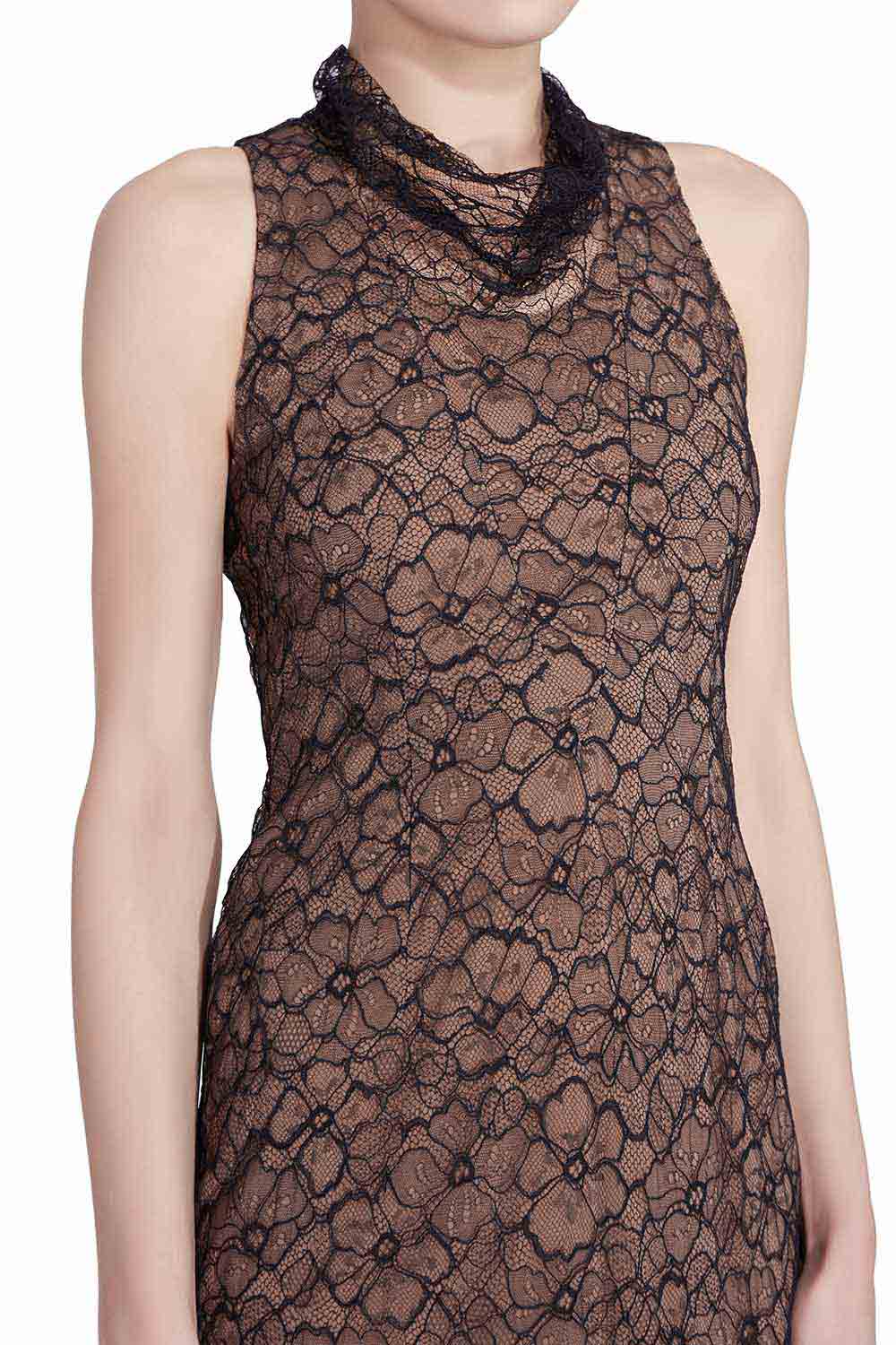 Vera Wang Collection Black Floral Lace High Cowl Neck Sleeveless Dress S