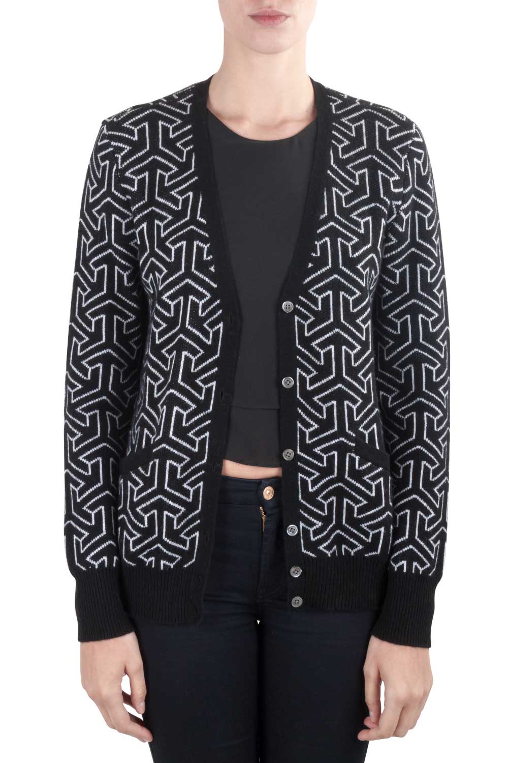 Image of Equipment Femme Black and Ivory Cashmere Wool Jacquard Sullivan Cardigan M