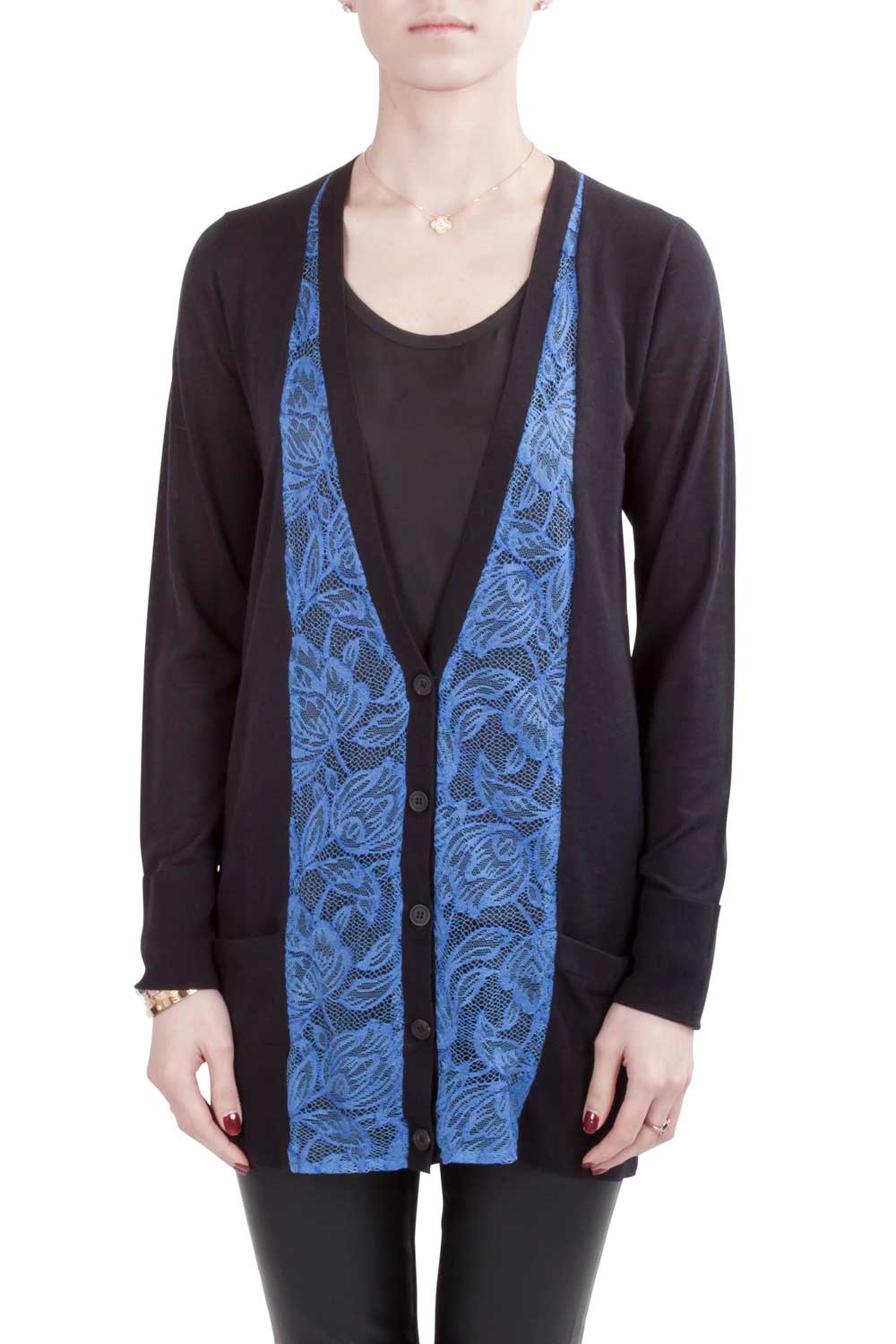 Image of Vera Wang Collection Black and Blue Lace Trim Button Front Cardigan S