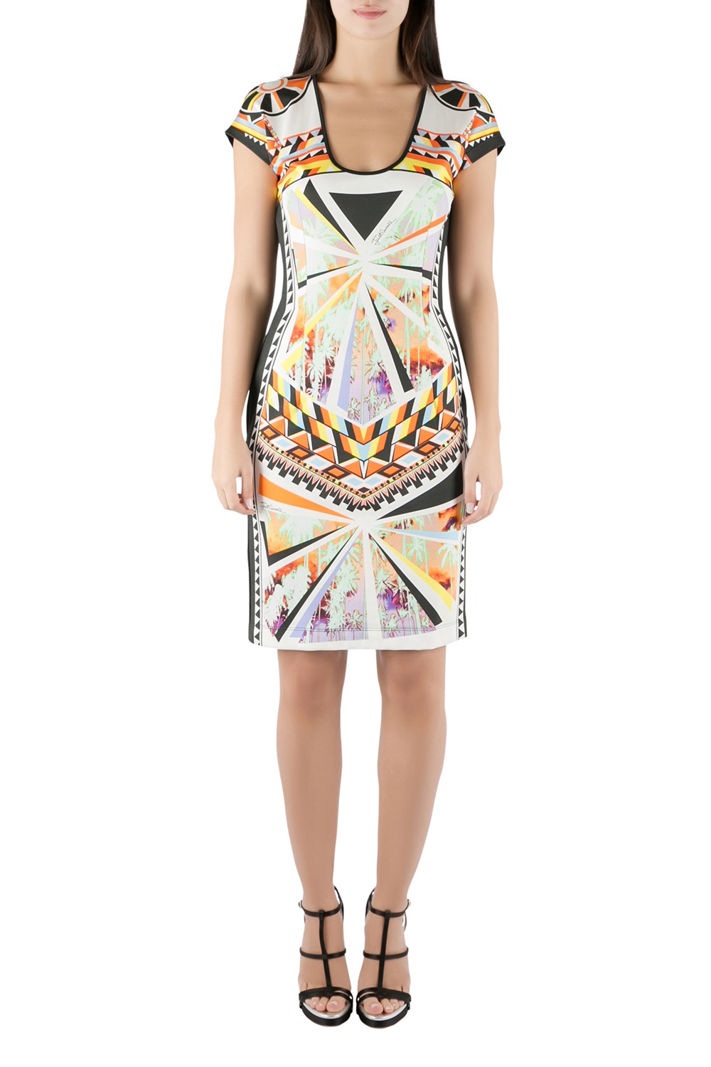 Image of Just Cavalli Multicolor Aztec Print Stretch Knit Scoop Neck Bodycon Dress M