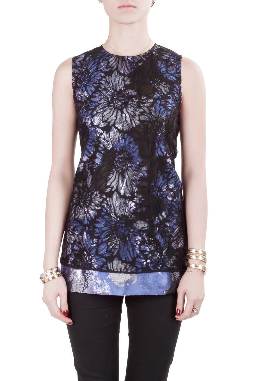 Vera Wang Collection Multicolor Lurex Jacquard Floral Lace Overlay Sleeveless Top M