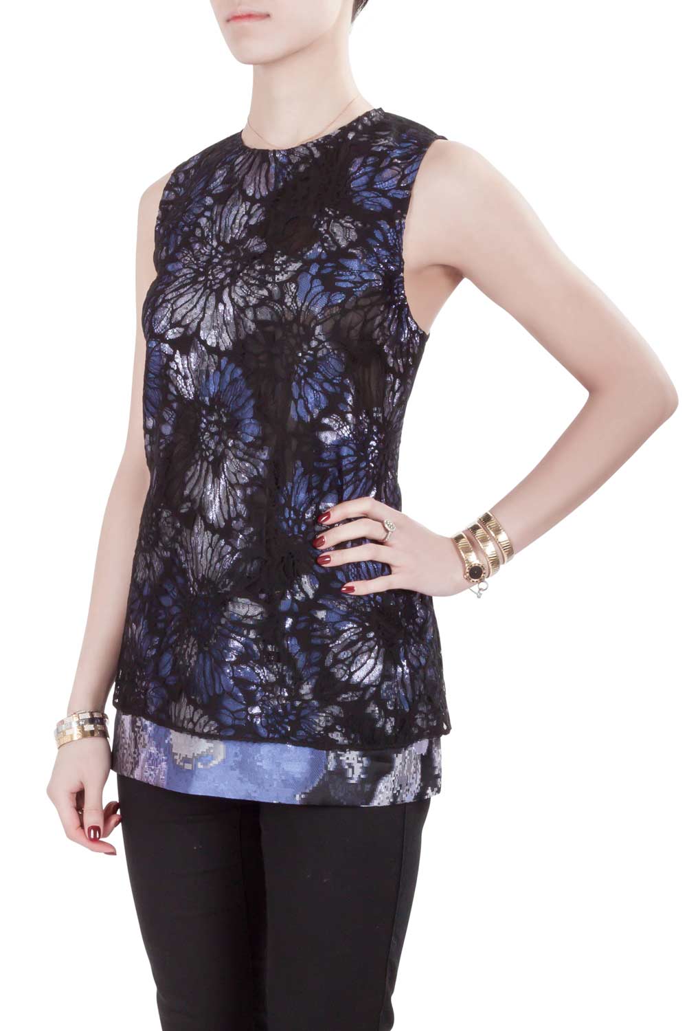 Vera Wang Collection Multicolor Lurex Jacquard Floral Lace Overlay Sleeveless Top M