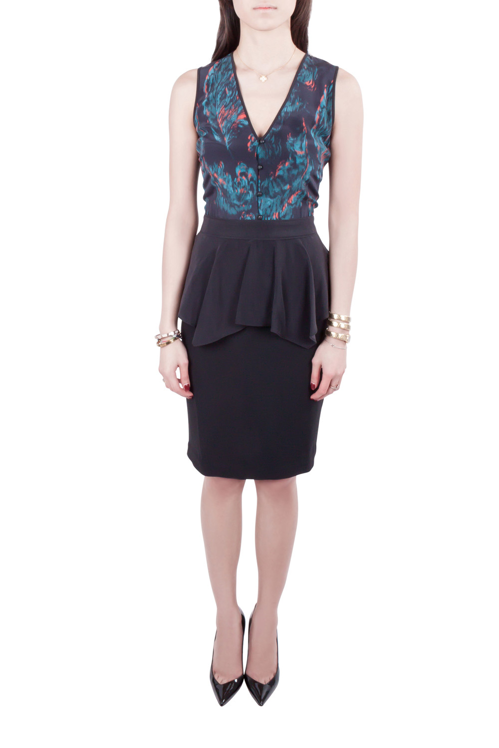 Image of Marchesa Voyage Black Ikkat Print Silk Sleeveless Peplum Dress M