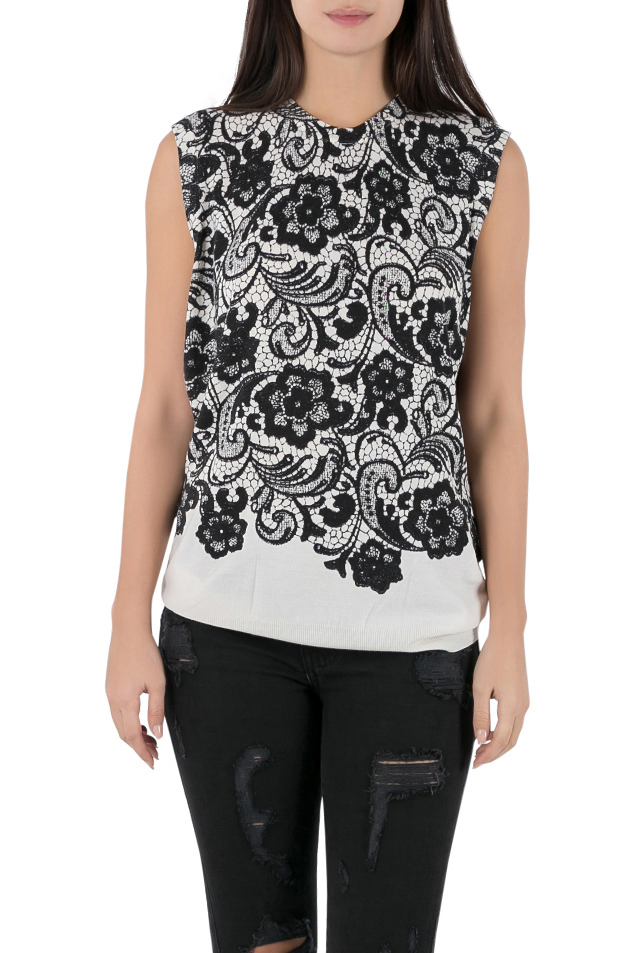 Image of Dolce & Gabbana Monochrome Lace Print Wool Sleeveless Top L
