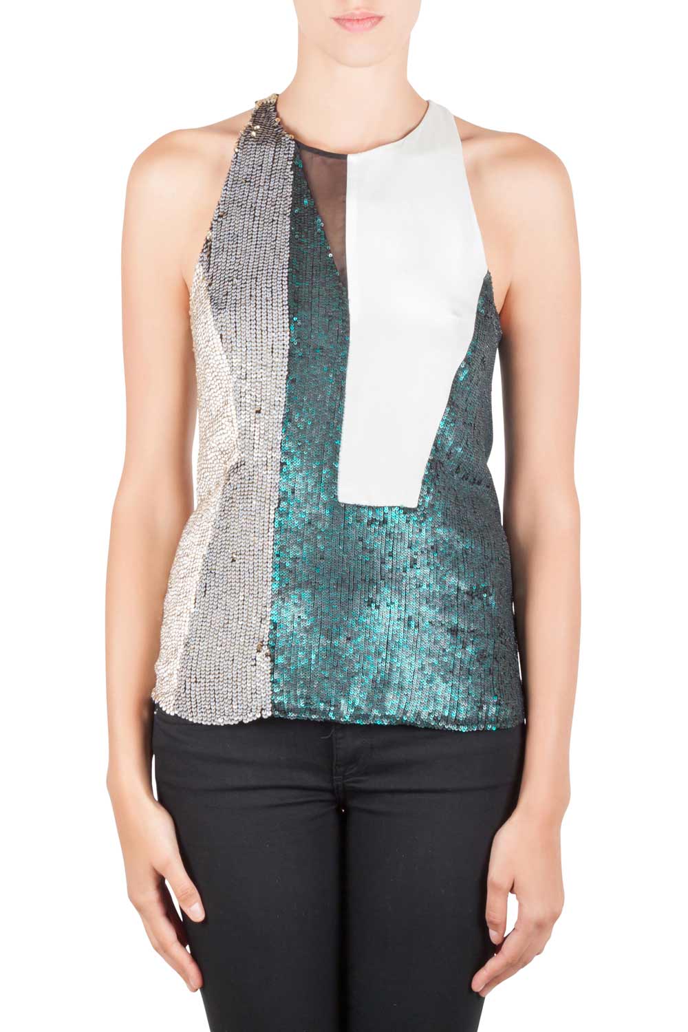 Image of . Phillip Lim Multicolor Sequin Paneled Sheer Insert Sleeveless Cocktail Top S