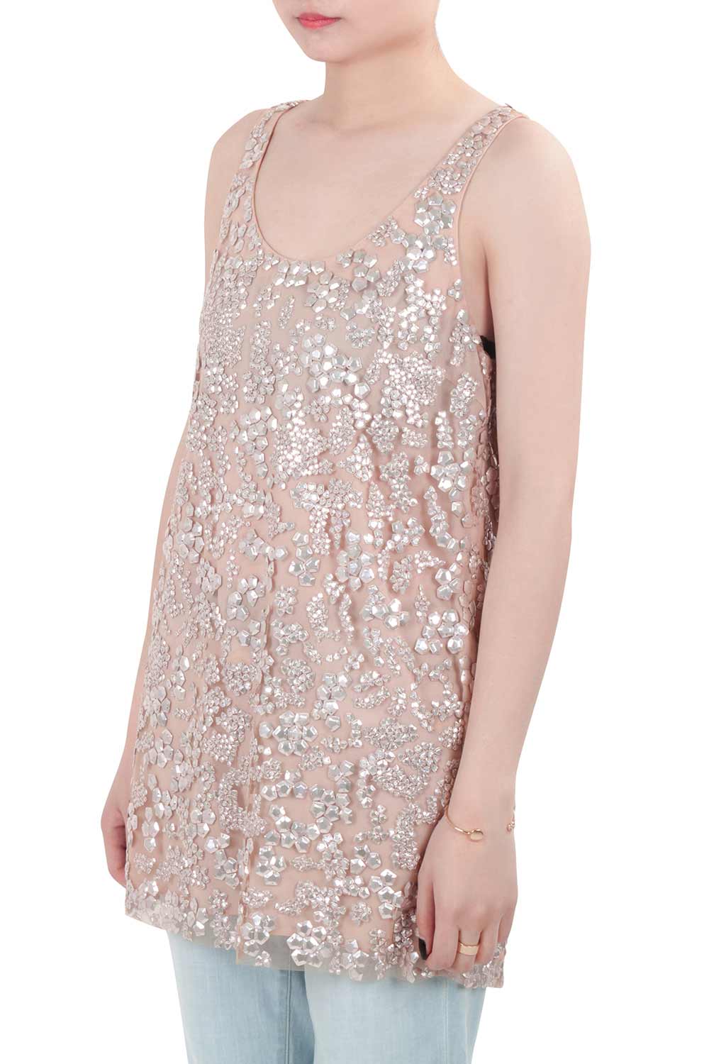 

Vera Wang Collection Blush Pink Sequin Embellished Tulle Overlay Sleeveless Top