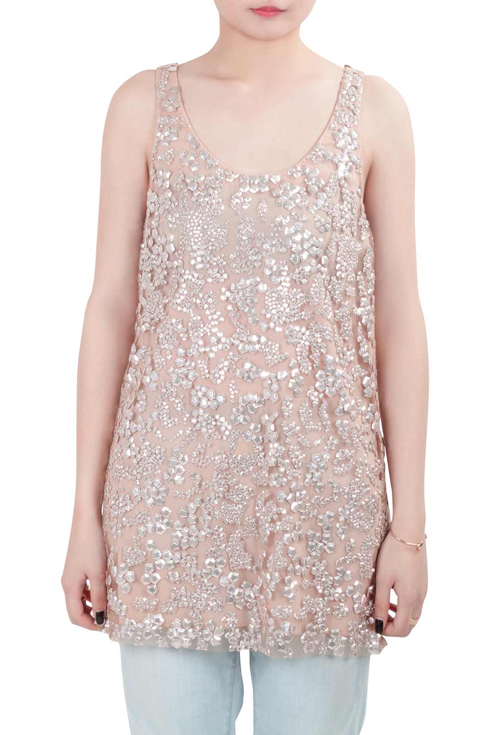 Image of Vera Wang Collection Blush Pink Sequin Embellished Tulle Overlay Sleeveless Top S