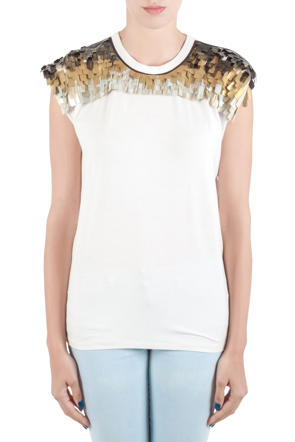 Image of Vionnet Off White Jersey Embellished Yoke Detail Sleeveless T-Shirt L