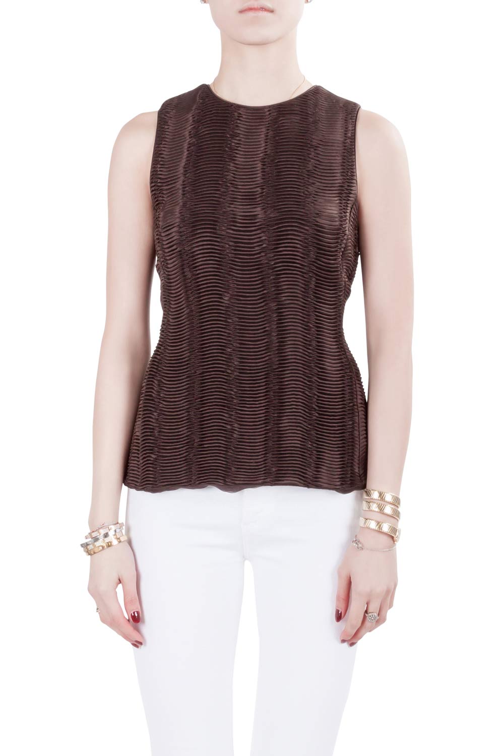 Image of Giorgio Armani Brown Accordion Pleated Textured Silk Sleeveless Top S