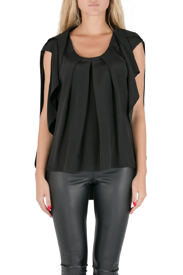 Image of Oscar De La Renta Black Silk Pleated Draped Front Sleeveless Top S