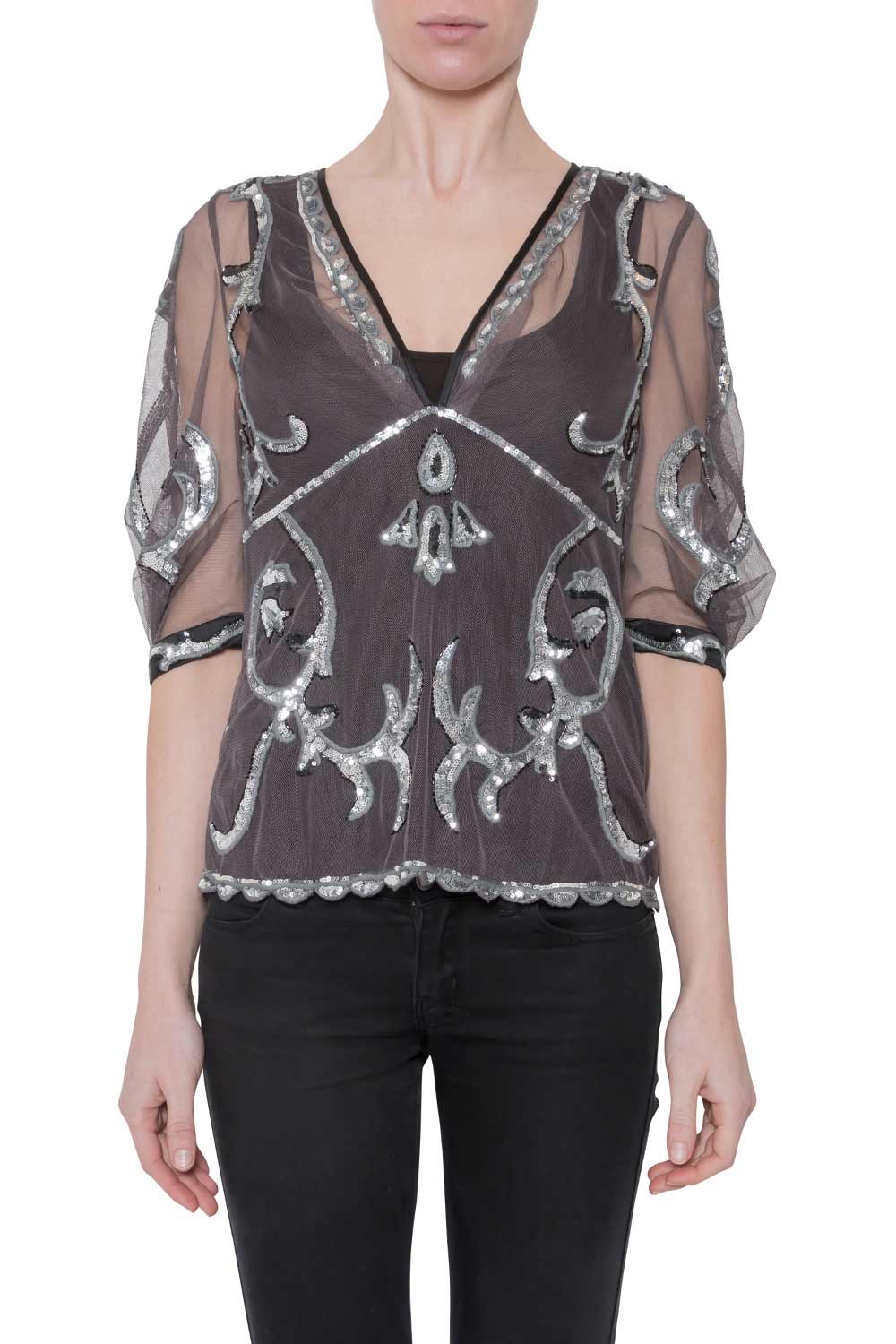 Image of Temperley London Slate Grey Sheer Hayward Sequined Tulle Lauren Top M
