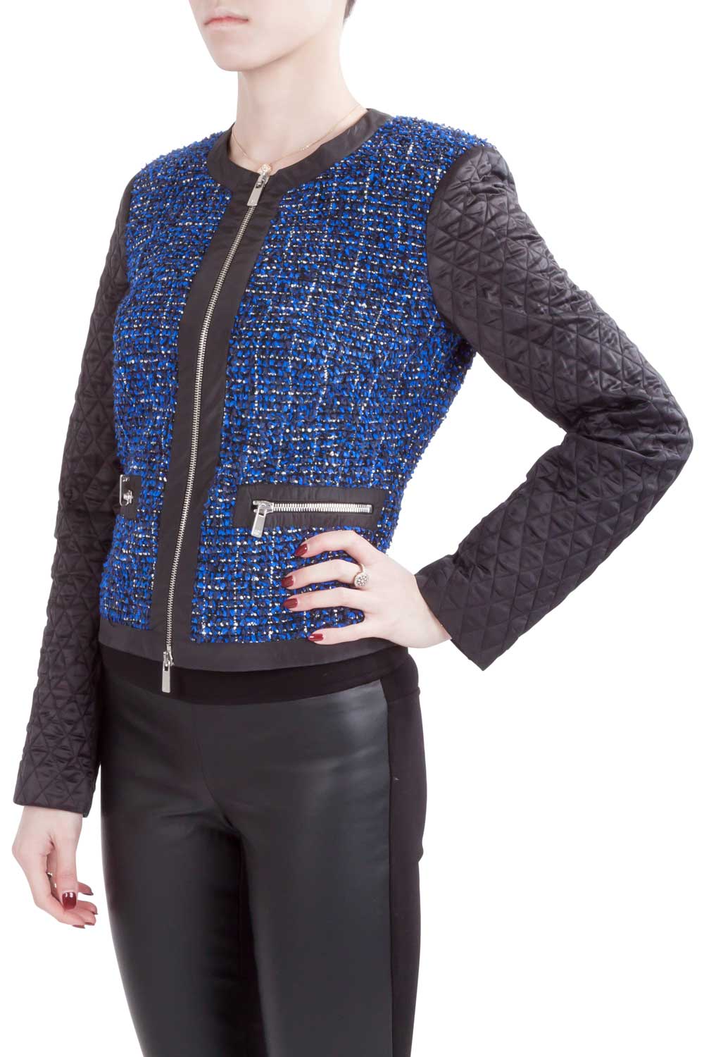 Michael  Kors Blue and Black Tweed Quilted Sleeve Detail Zip Front Jacket S