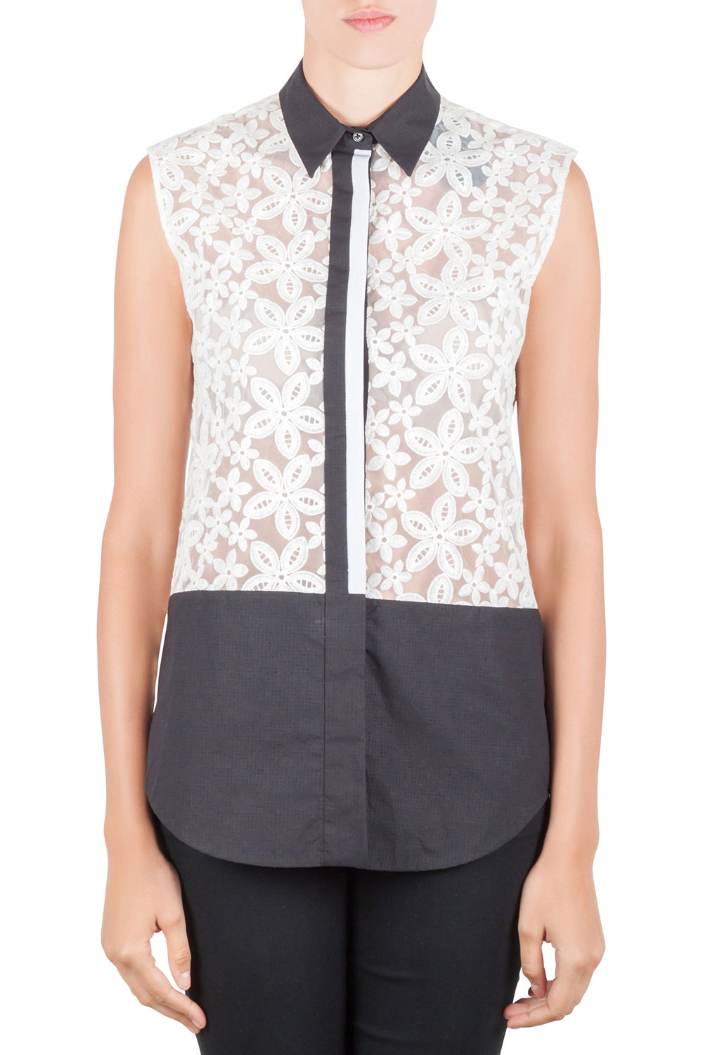 Image of Joseph Off White Sheer Broderie Anglaise Contrast Trim Sleeveless Top M