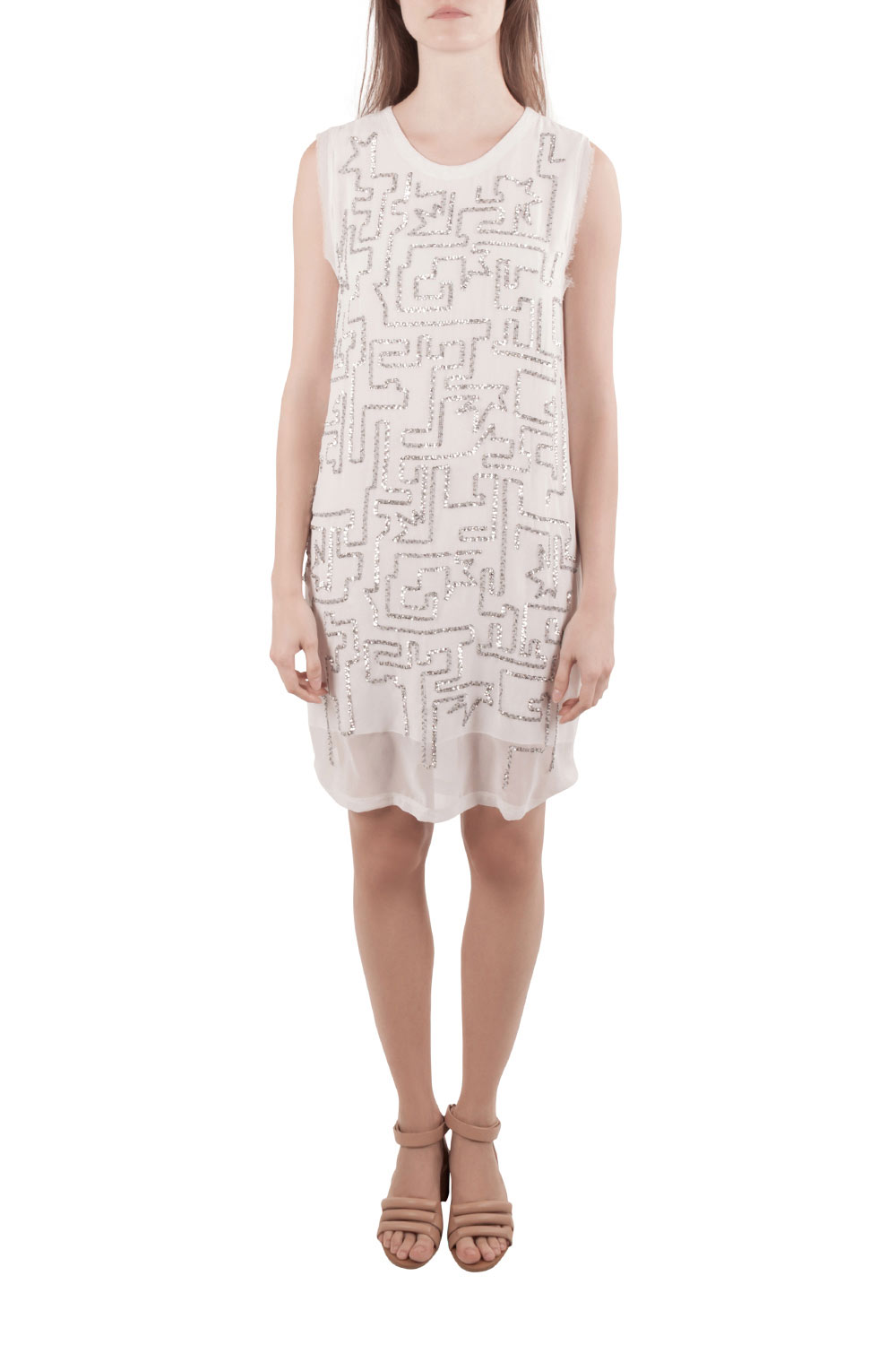 Image of . Phillip Lim White Chiffon Silver Sequined Maze Embellished Shift Dress S