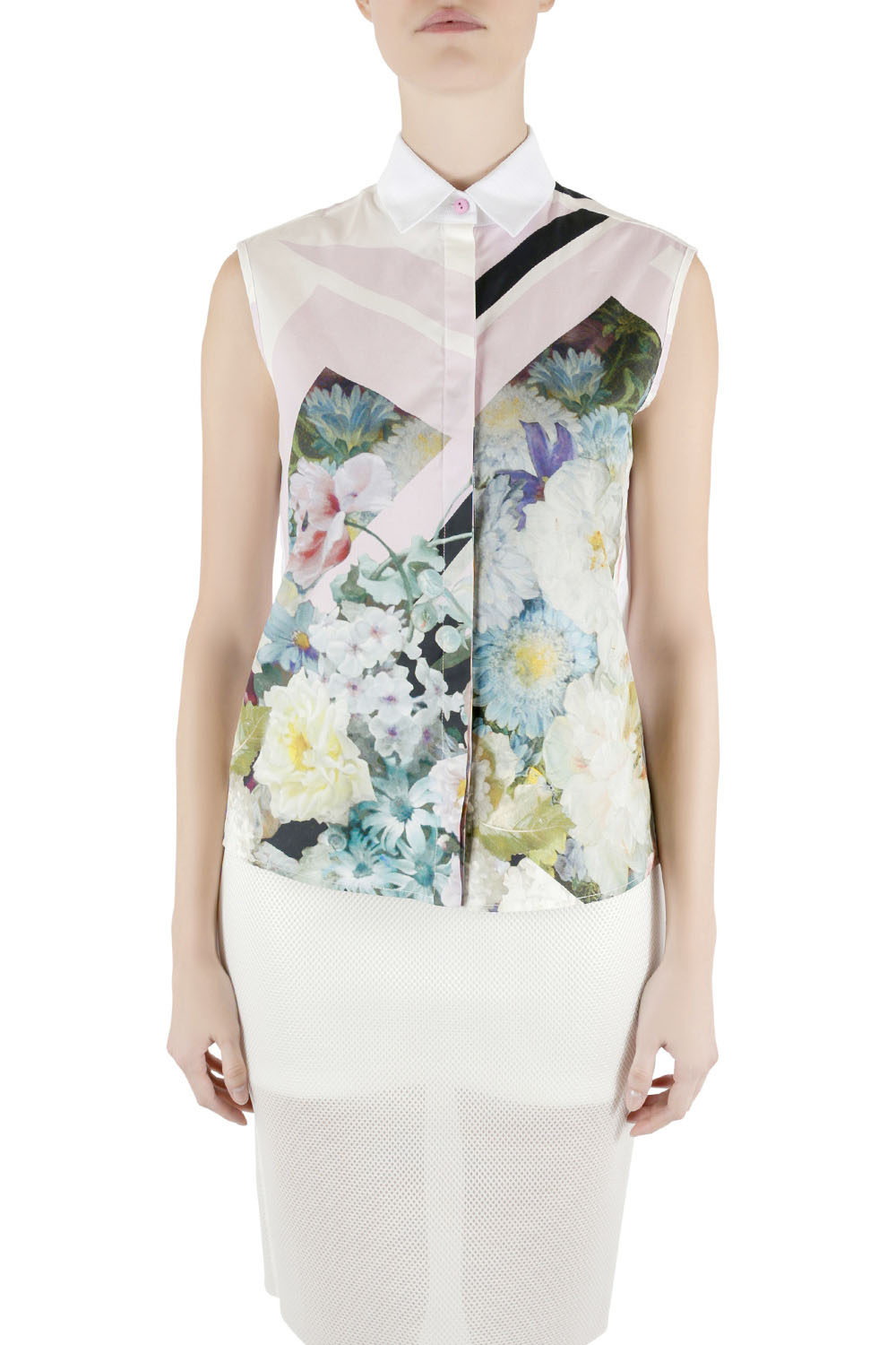 Image of Preen by Thornton Bregazzi Multicolor Digital Floral Print Cotton Warren Sleeveless Shirt XS