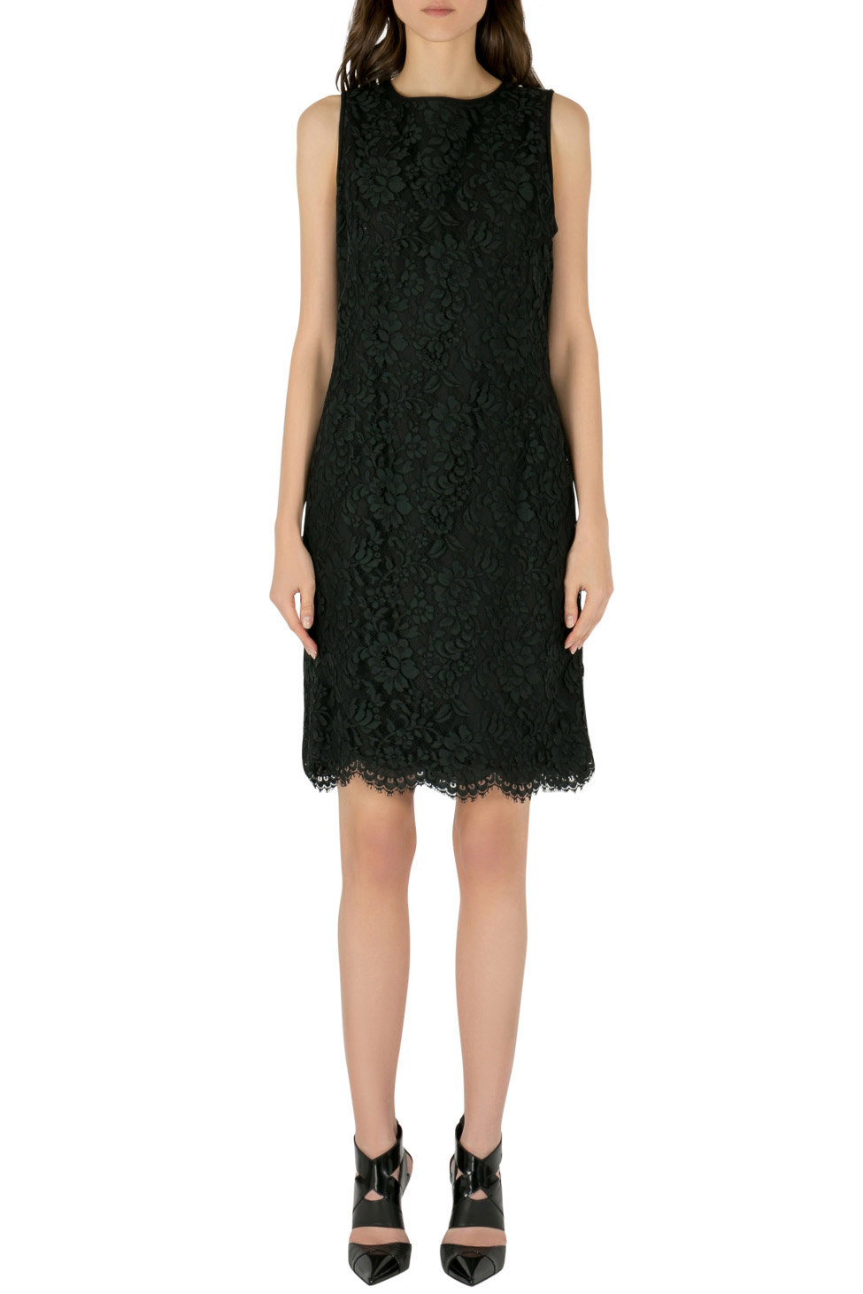 Image of Emanuel Ungaro Collection Black Floral Lace Scalloped Hem Sleeveless Dress L