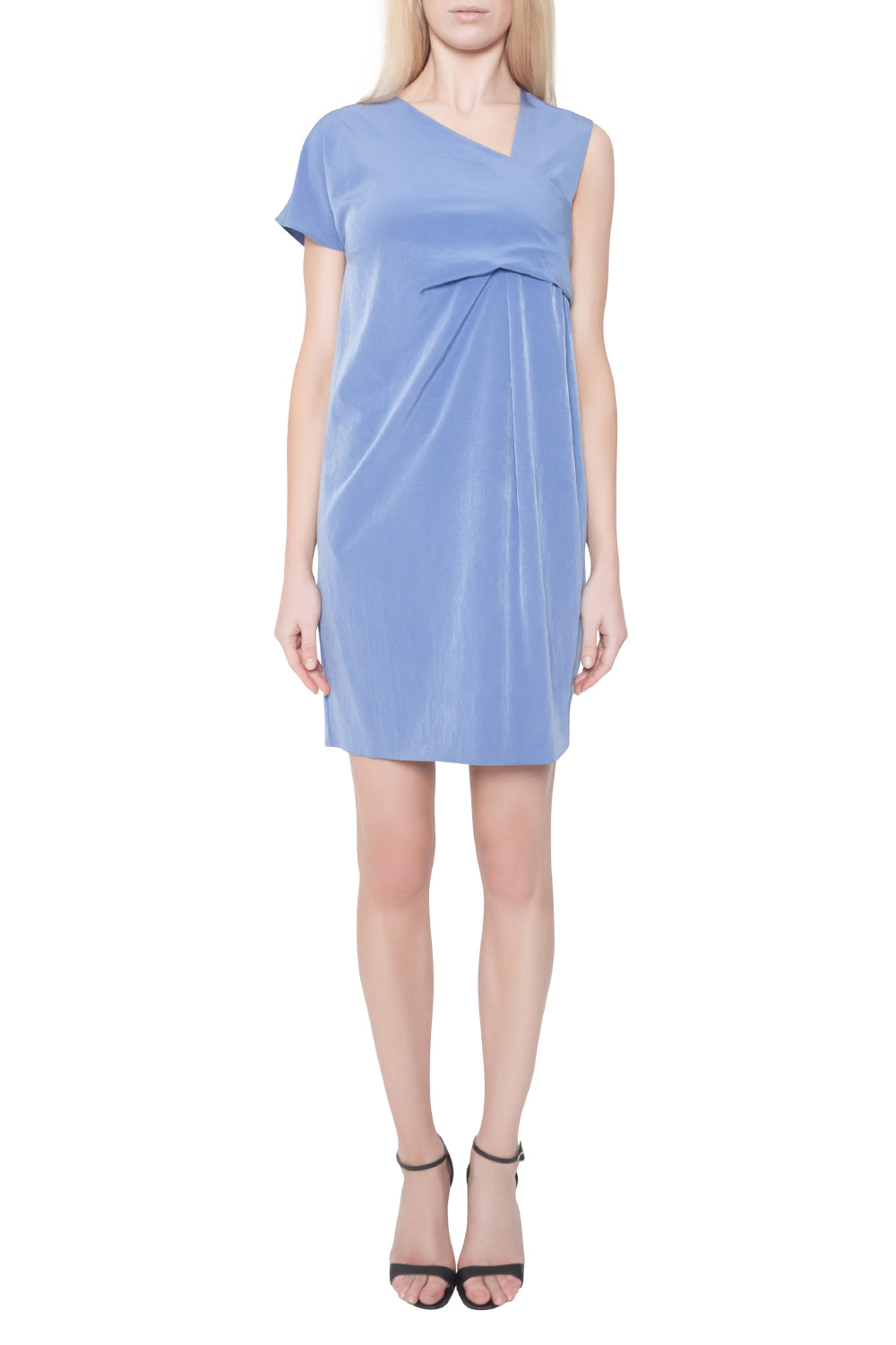 Image of Carven Cornflower Blue Crepe Ruched Asymmetric Sleeve Shift Dress M