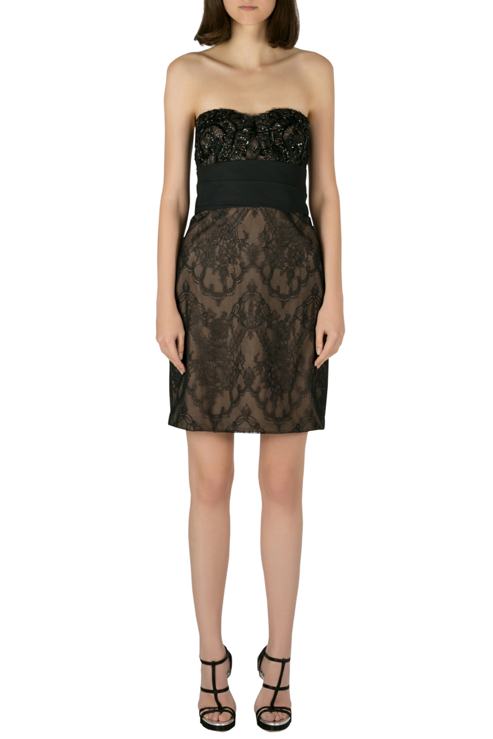 Image of Marchesa Notte Black Sequin Embellished Lace Overlay Strapless Pencil Dress M