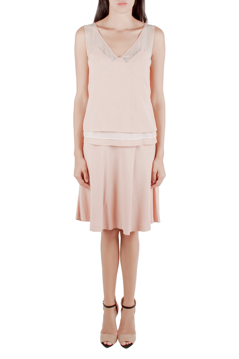 Image of Philosophy Coral Pink Crepe Sheer Yoke Detail Tiered Sleeveless Dress M