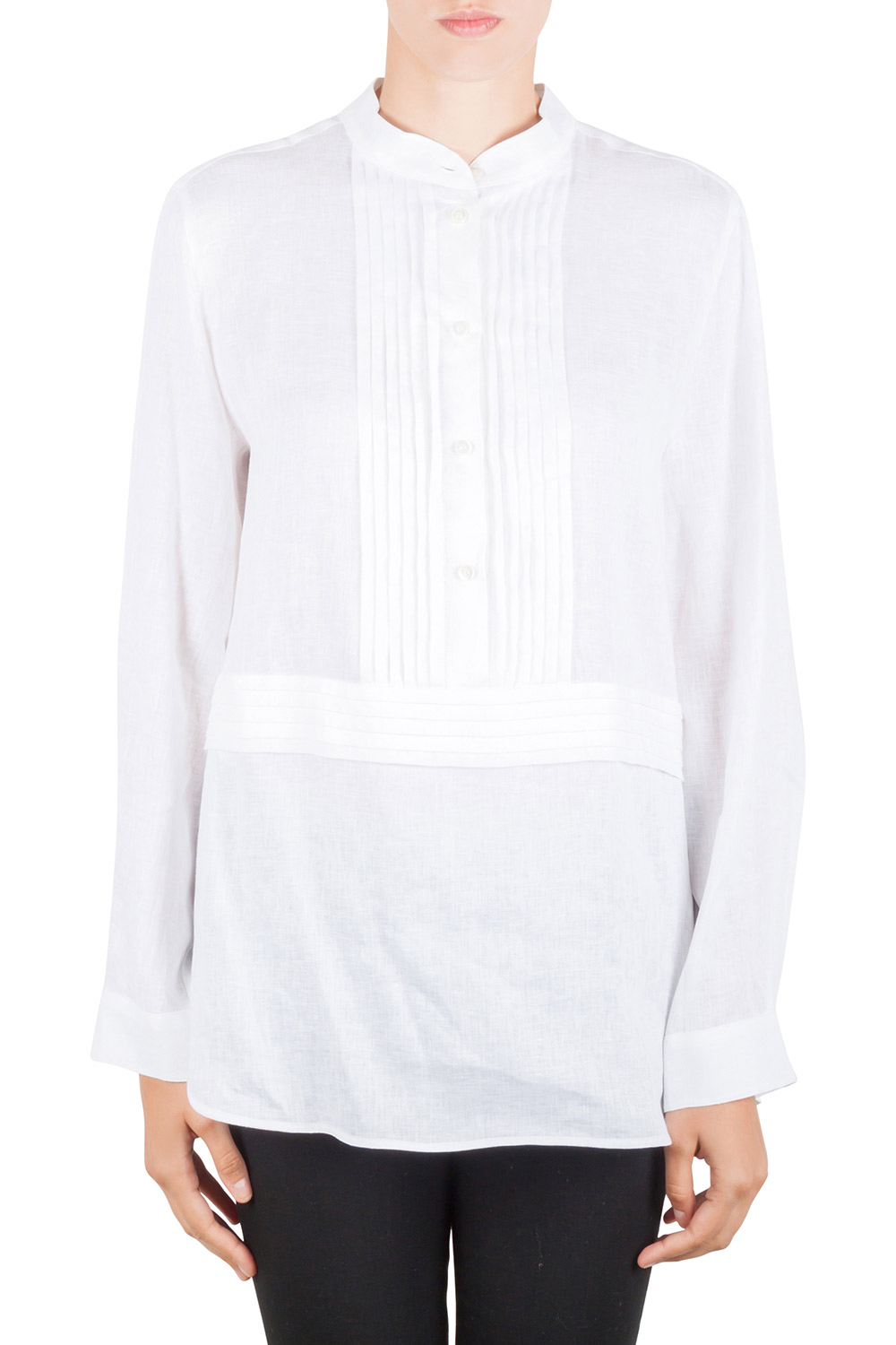 Image of Armani Collezioni Off White Linen Pleat Detail Long Sleeve Blouse XL