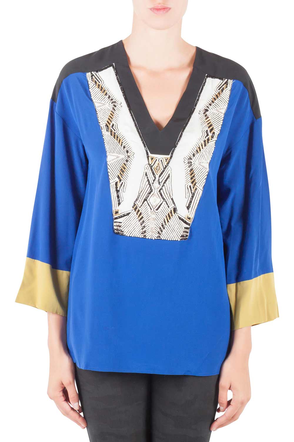 Etro Colorblock Silk Embellished Yoke Long Sleeve Tunic M