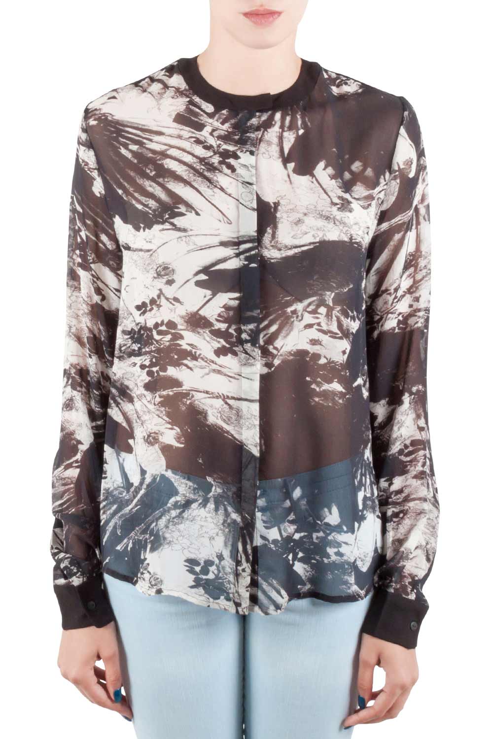 Image of Preen by Thornton Bregazzi Blackbirds Printed Silk Long Sleeve High Low Blouse M