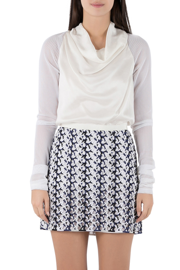 Image of Vera Wang Collection Cream Silk Satin Cowl Neck Mesh Sleeve Blouse S