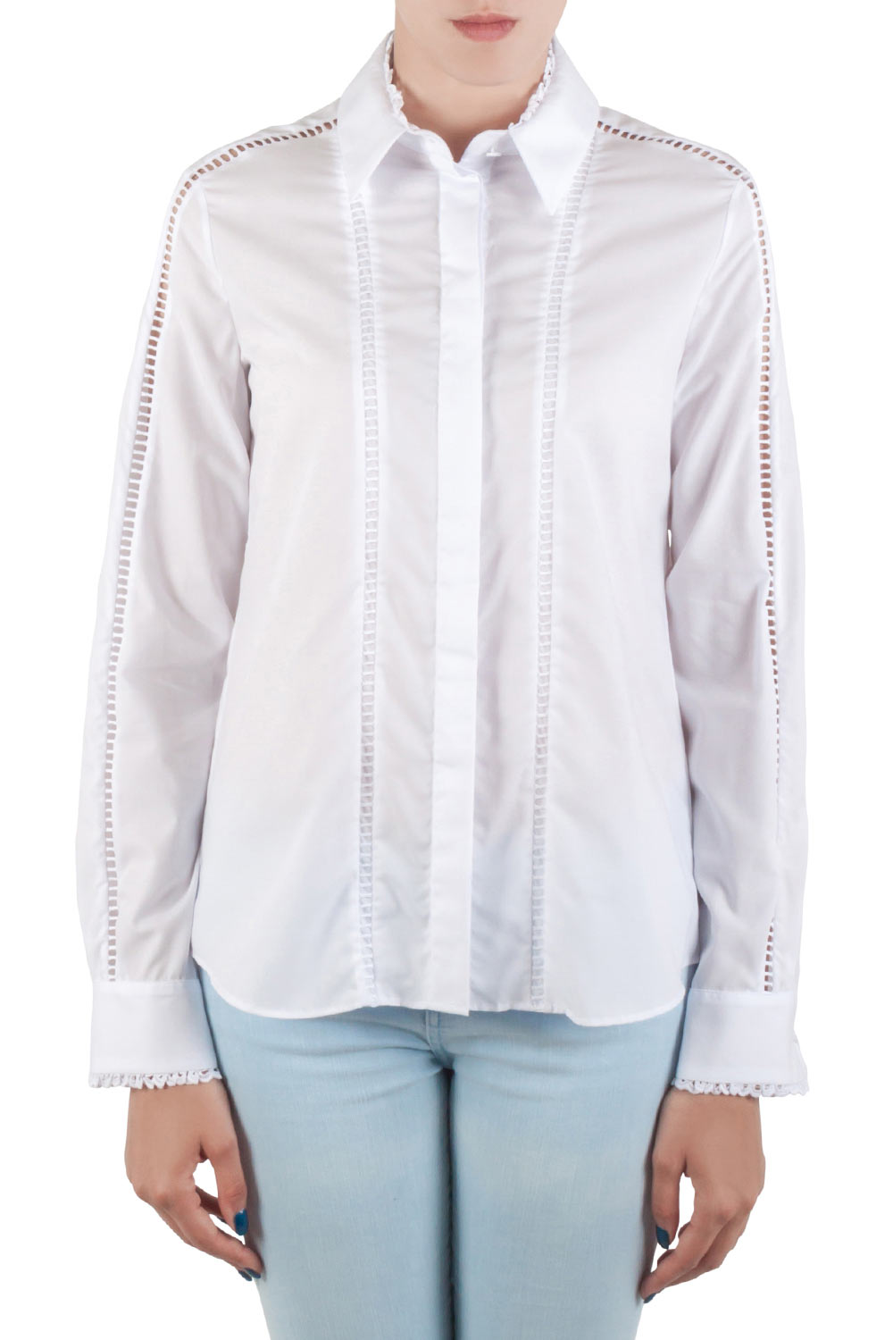Image of Preen by Thornton Bregazzi White Cotton Poplin Eyelet Lace Trim Long Sleeve Shirt M