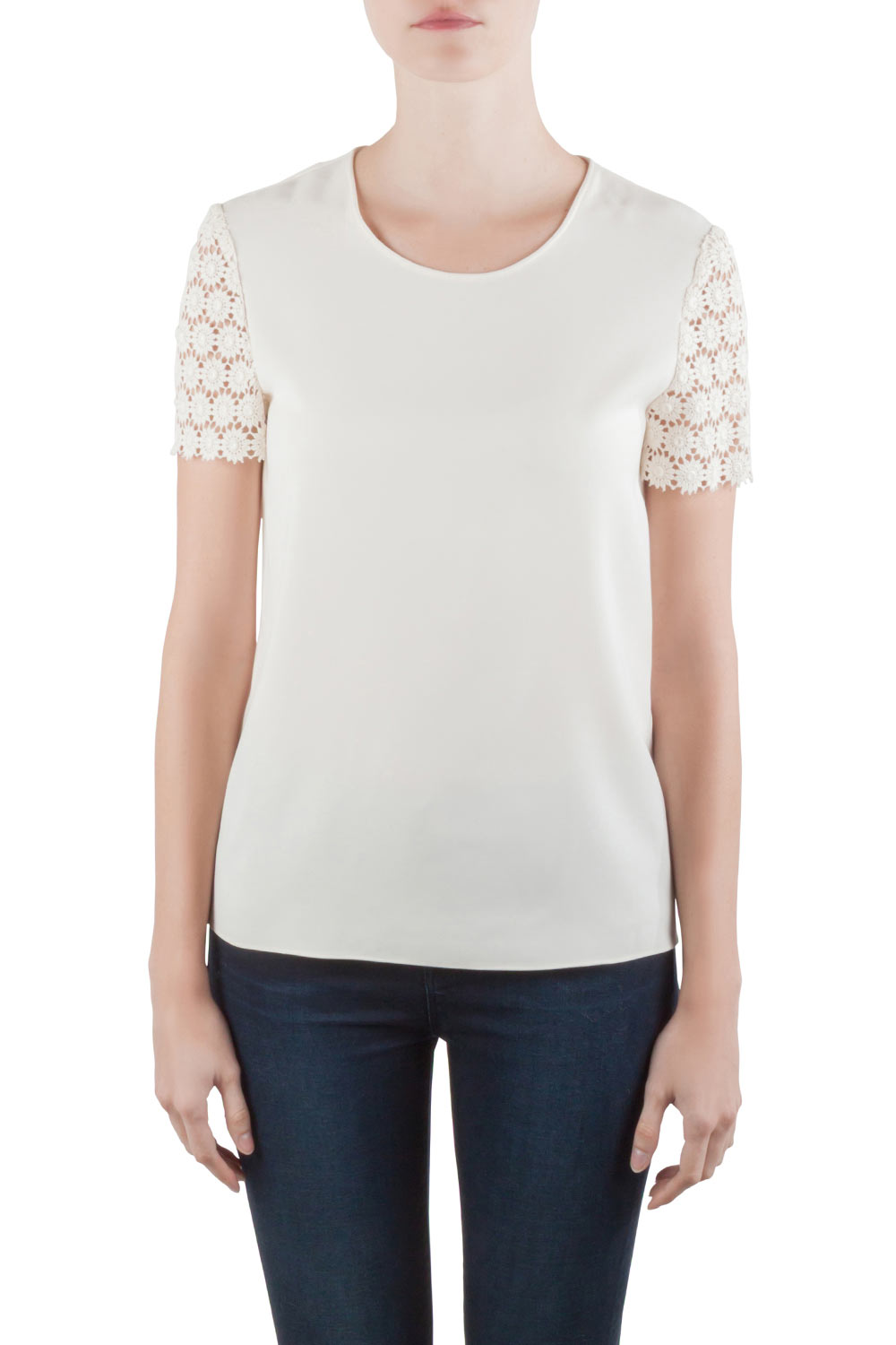 Image of Moschino Cheap and Chic Cream Crepe and Lace Sleeve Detail Top S