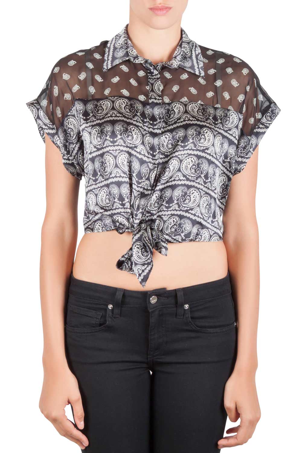 Image of Pierre Balmain Black Paisley Printed Silk Semi Sheer Tie Knot Crop Top L
