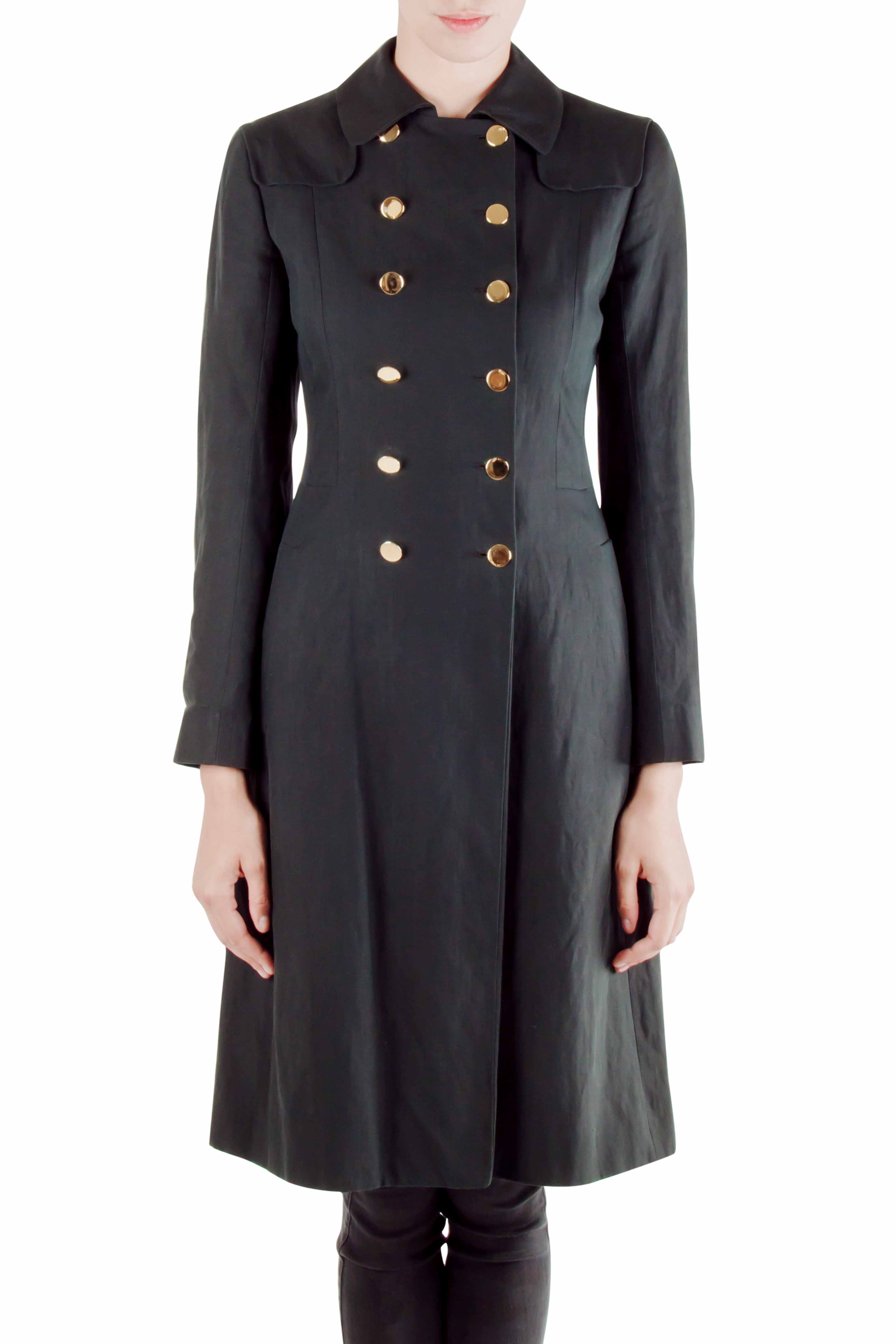Image of Moschino Black Linen Gold Button Detail Trench Coat M