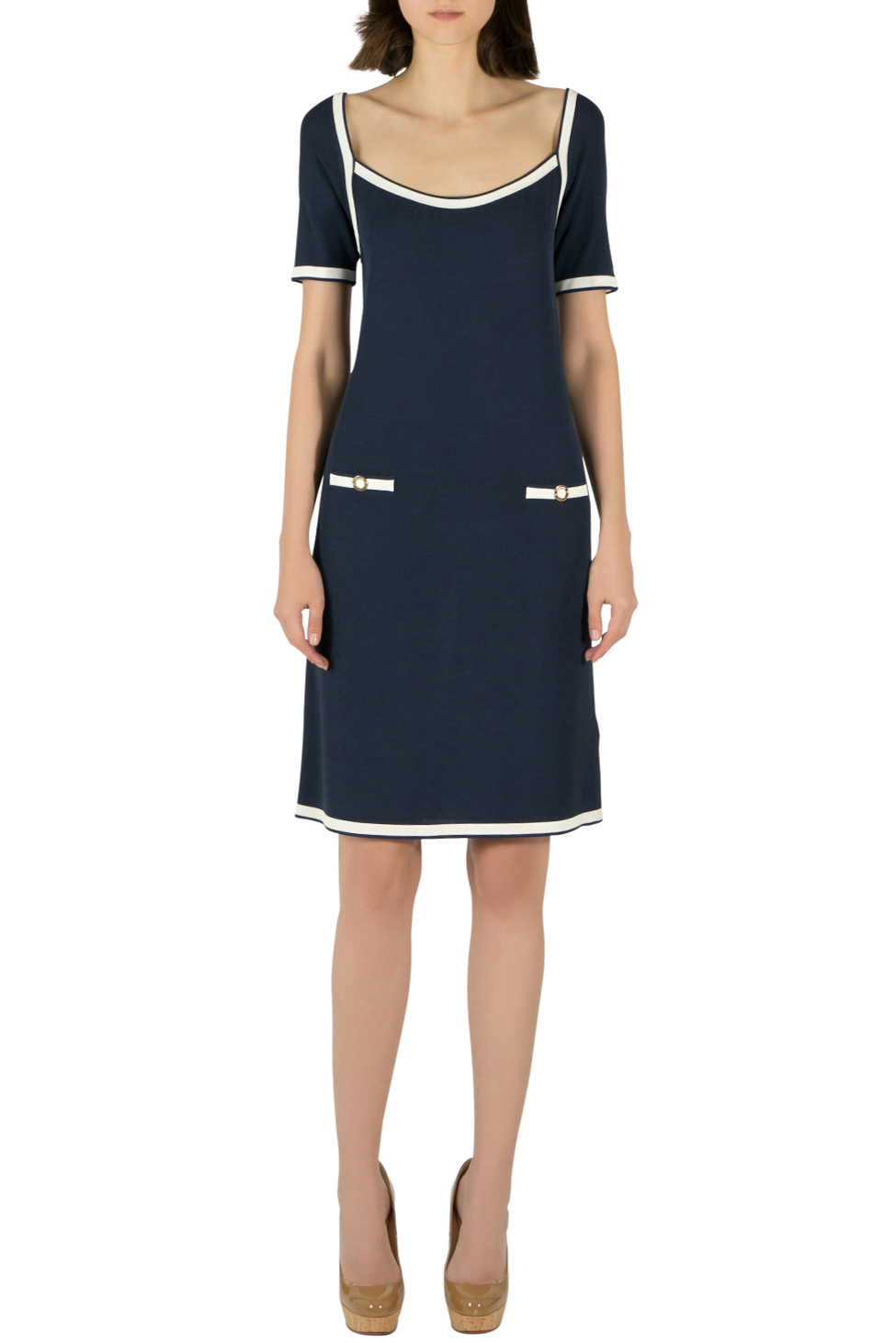 Image of Blumarine Navy Blue Rib Knit Scoop Neck Shift Dress M