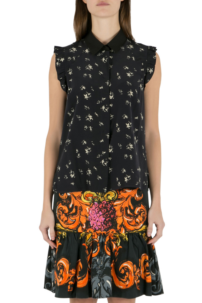 Image of Marni Navy Blue Printed Silk Ruffled Detail Sleeveless Shirt M