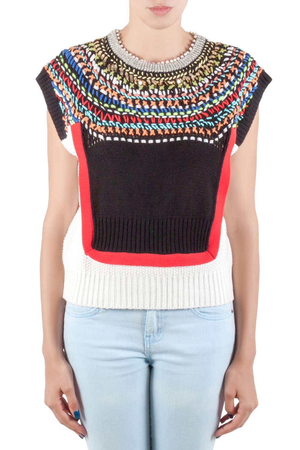 Tsumori Chisato Multicolor Embellished Cotton Knit Cap Sleeve Top S