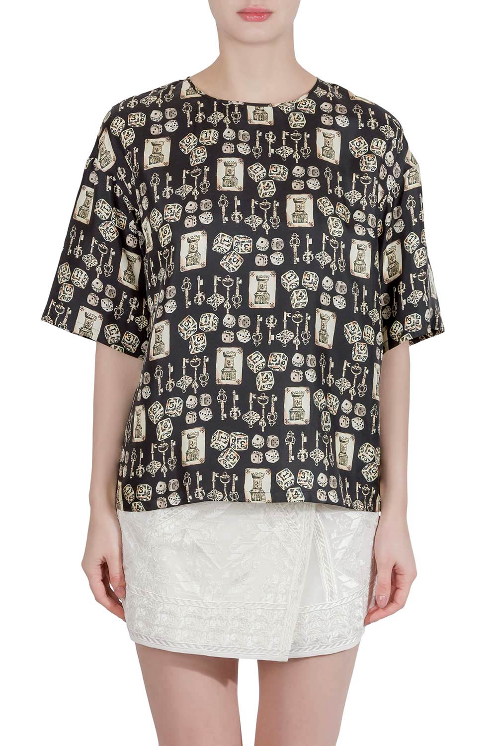 Dolce & Gabbana Black And Beige Dice Key Printed Silk Short Sleeve Top M