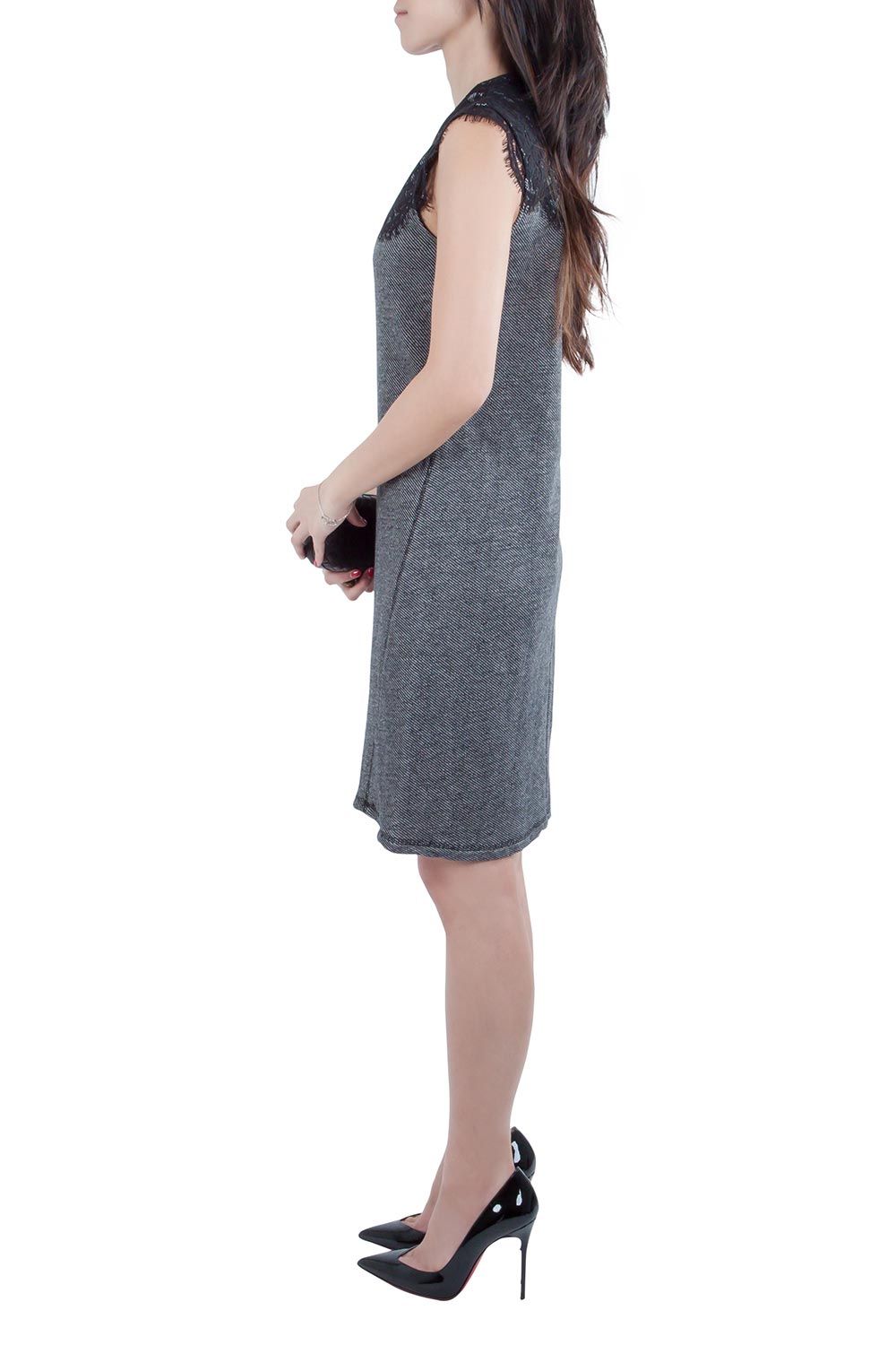 Sea Grey Wool and Lace Neckline Detail Sleeveless Dress S