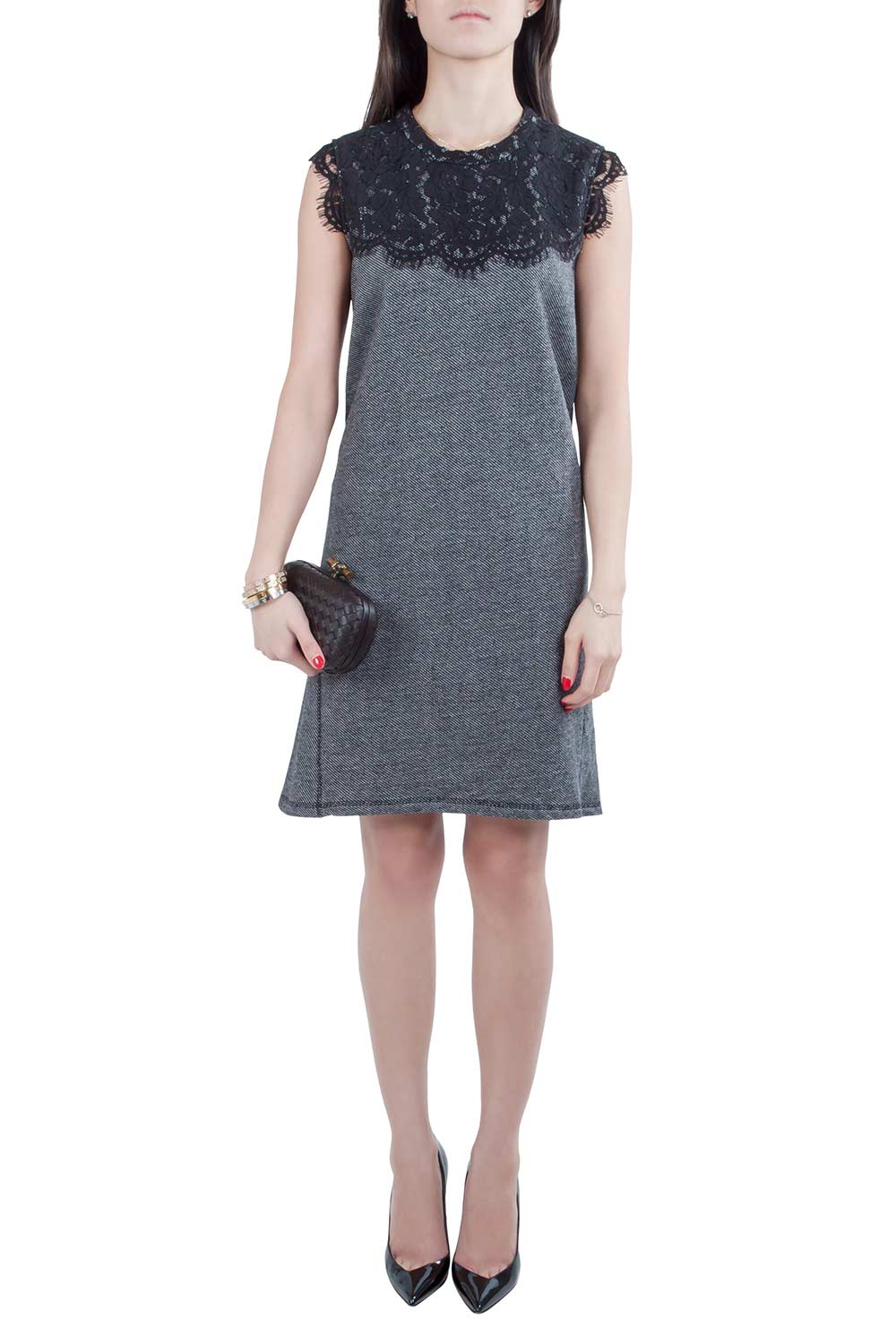 Image of Sea Grey Wool and Lace Neckline Detail Sleeveless Dress S