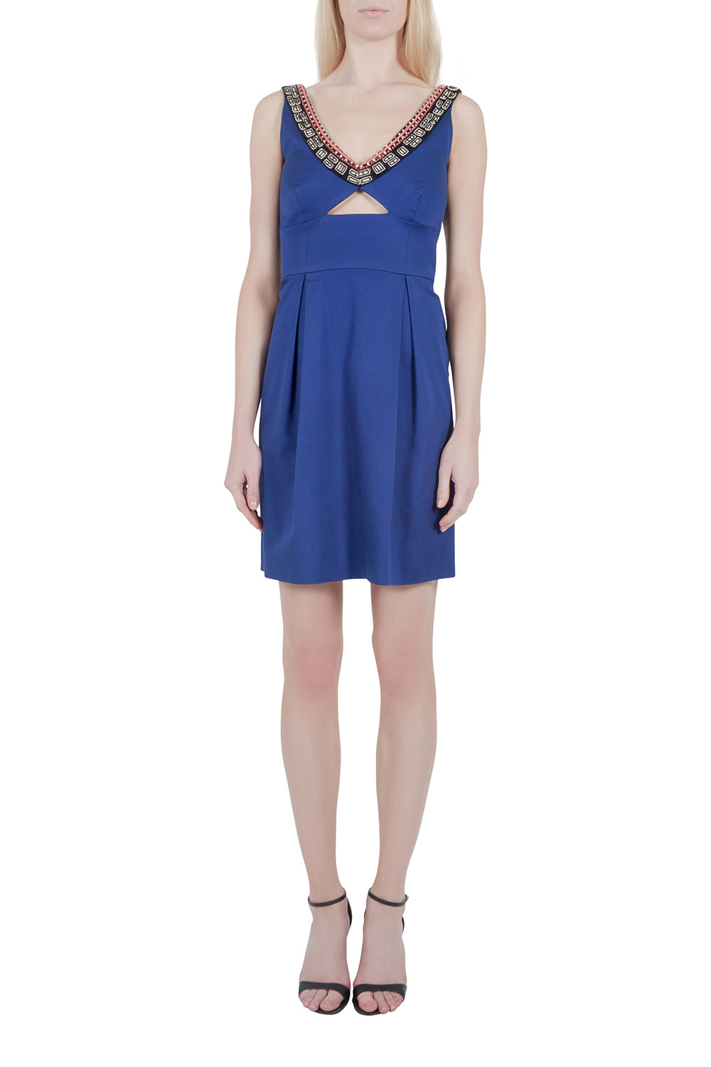 Image of Lela Rose Cobalt Blue Embellished Cut Out Detail Plunge Neck Bodycon Dress XS