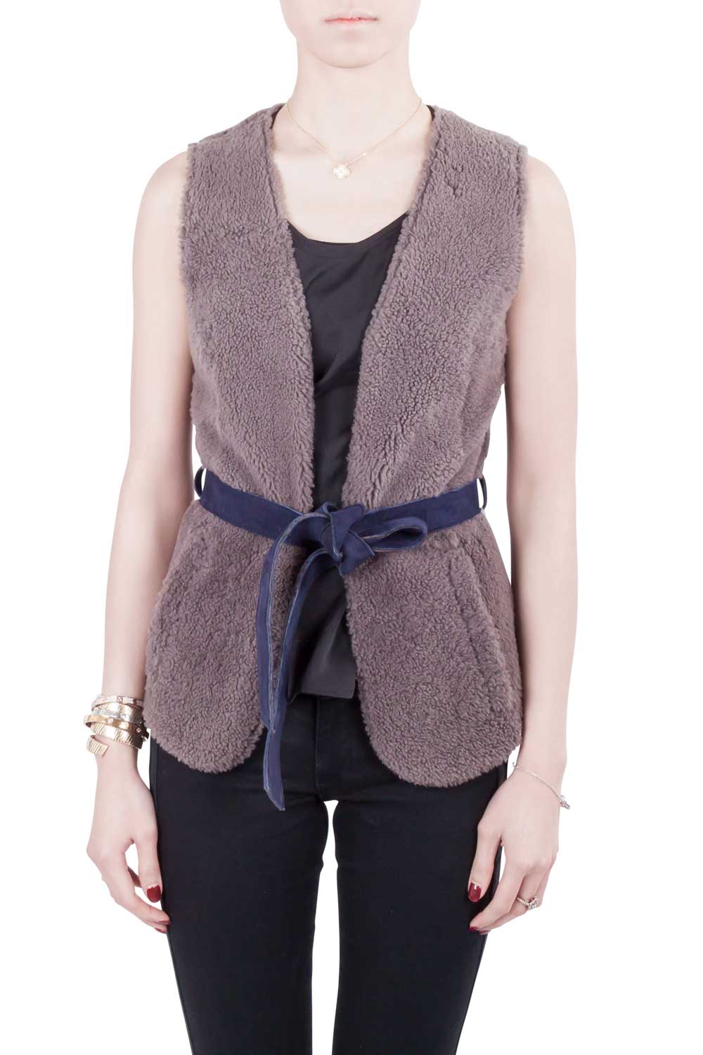 Image of Moschino Cheap and Chic Gray Lamb Fur Leather Lined Belted Gilet S