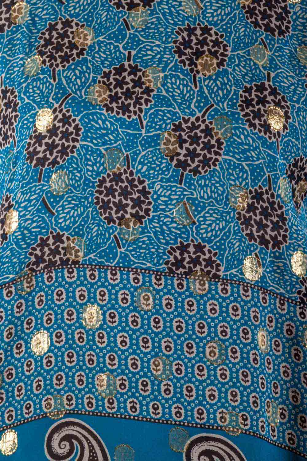 Anna Sui Teal Blue Bouquet Scarf Print Silk Ribbed Trim Tunic Top M