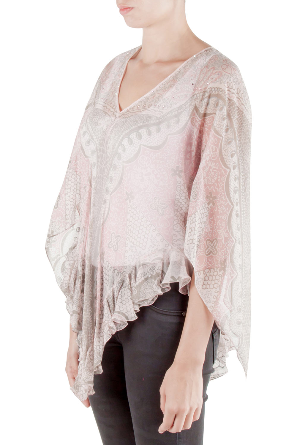 Zandra Rhodes Pale Pink Crinkled Chiffon Paisley Printed Top M