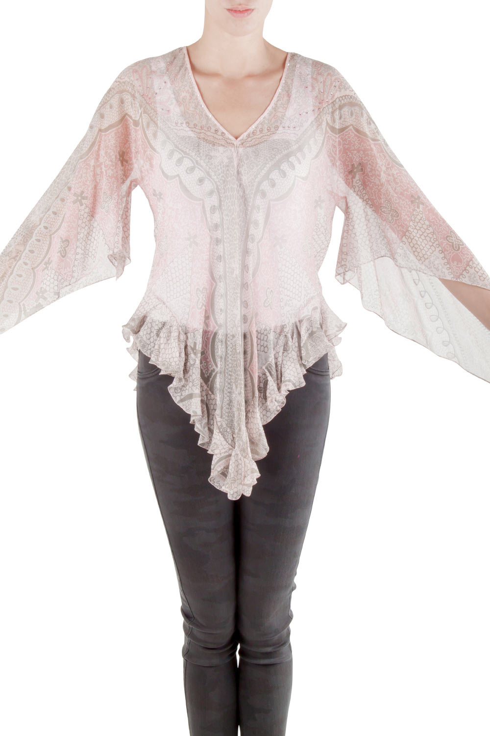 Zandra Rhodes Pale Pink Crinkled Chiffon Paisley Printed Top M