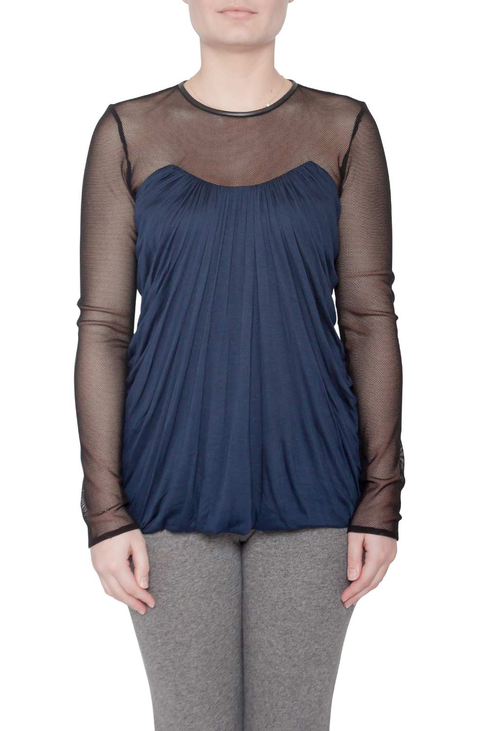 Image of Yigal Azrouel Navy Blue Jersey and Sheer Mesh Detail Long Sleeve Top M