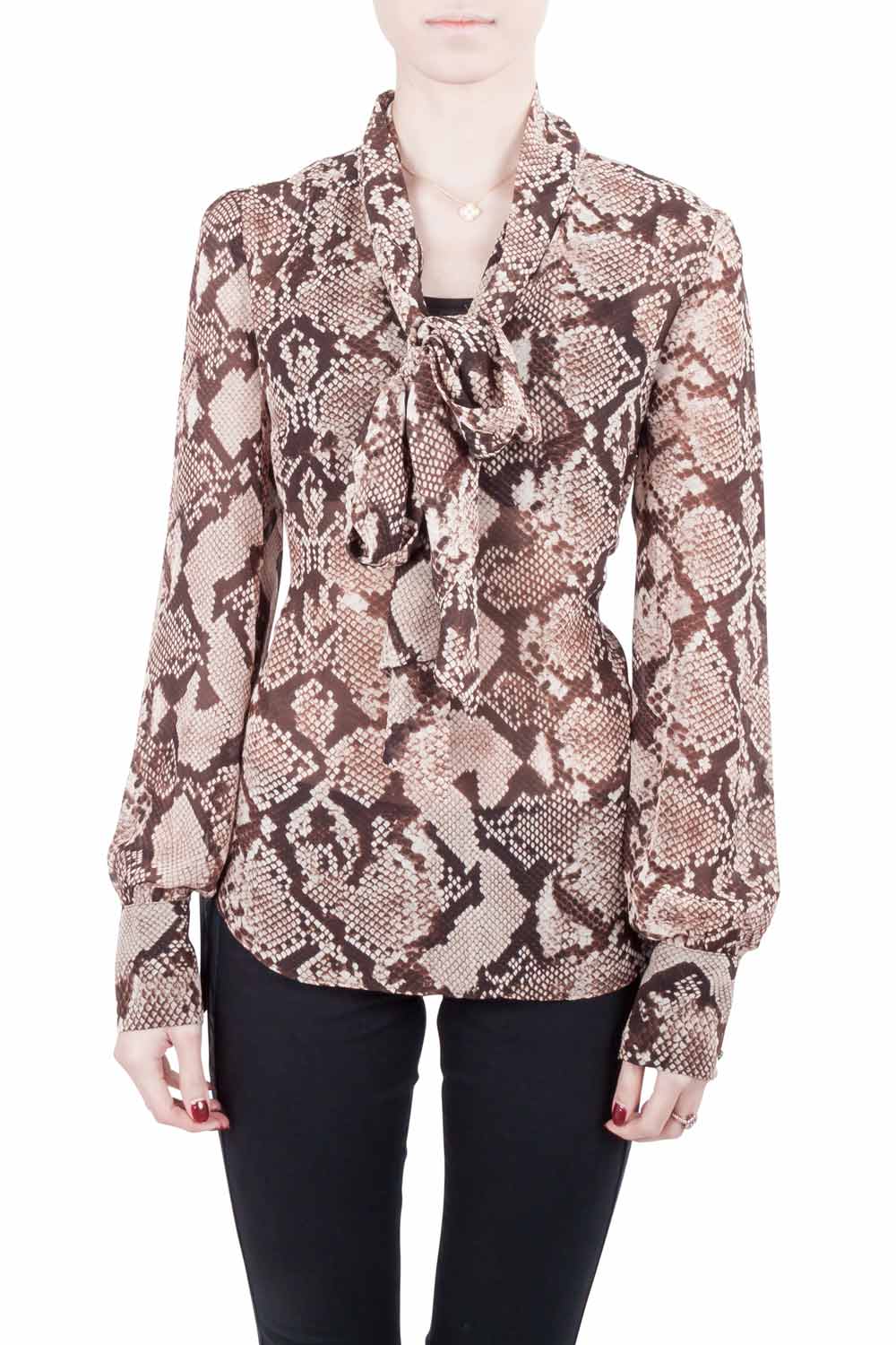 Altuzarra Brown Python Print Chiffon Bow Tie Detail Blouse S